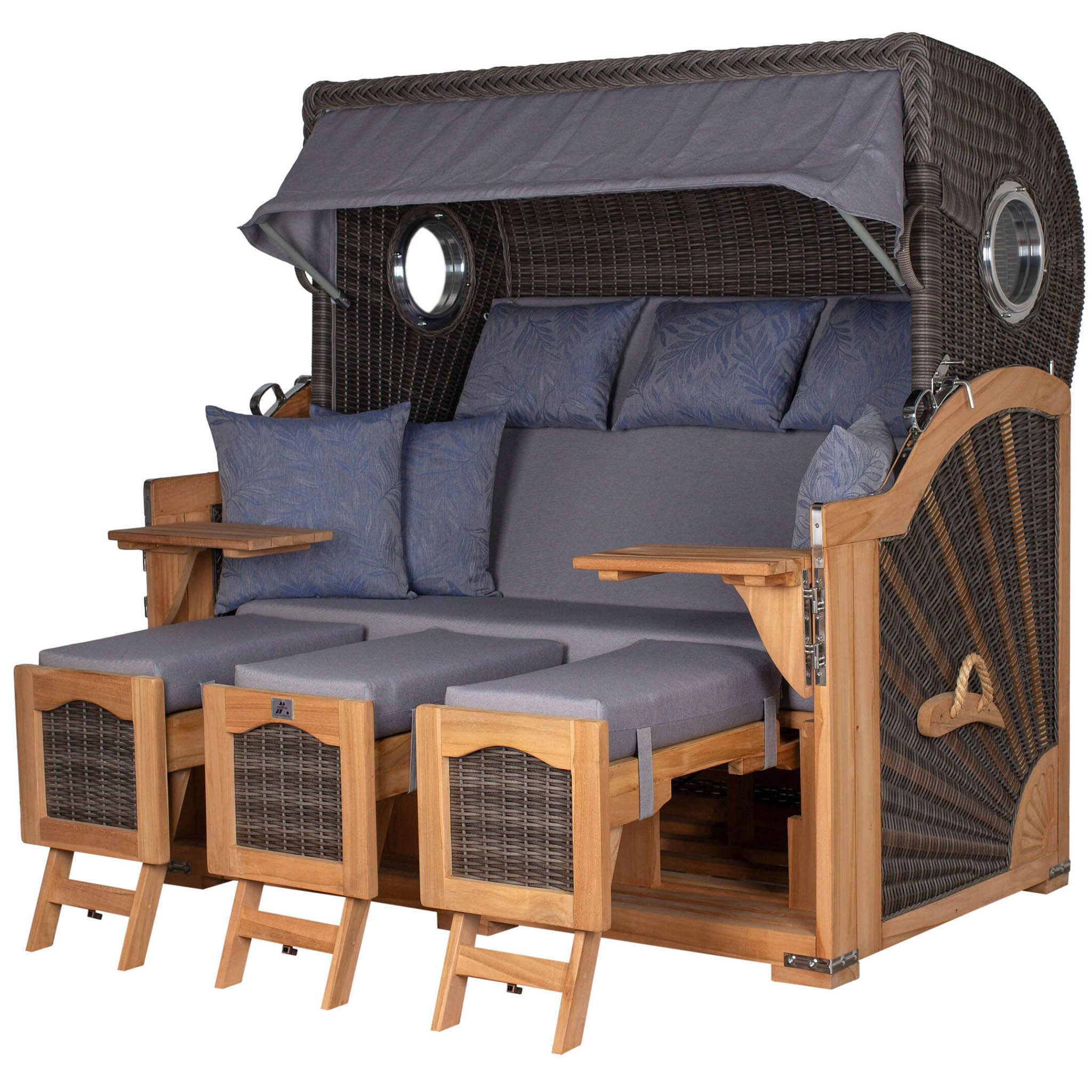 deVries PURE® Strandkorb Seemöwe XXL - PE stone grey - Dessin 253, BxTxH: 165x95x163 cm, Halblieger, Ostsee-Strandkorb, (Strandkorb-Komplettset, 2-tlg., 3-Sitzer Strandkorb mit Polstern und Premium-Schutzhaube), Windschutzfolie, bequeme Kissenausstattung, Schutzhülle