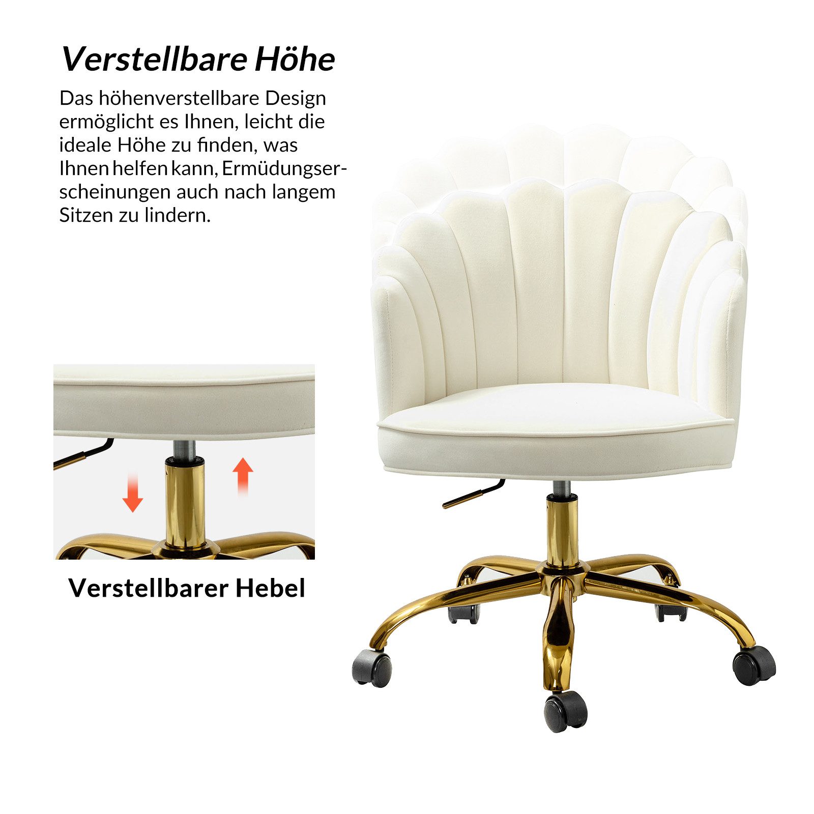 HULALA HOME Bürostuhl mit goldenem Gestell, gepolsterter Schreibtischstuhl aus Samt, verstellbarer Drehstuhl