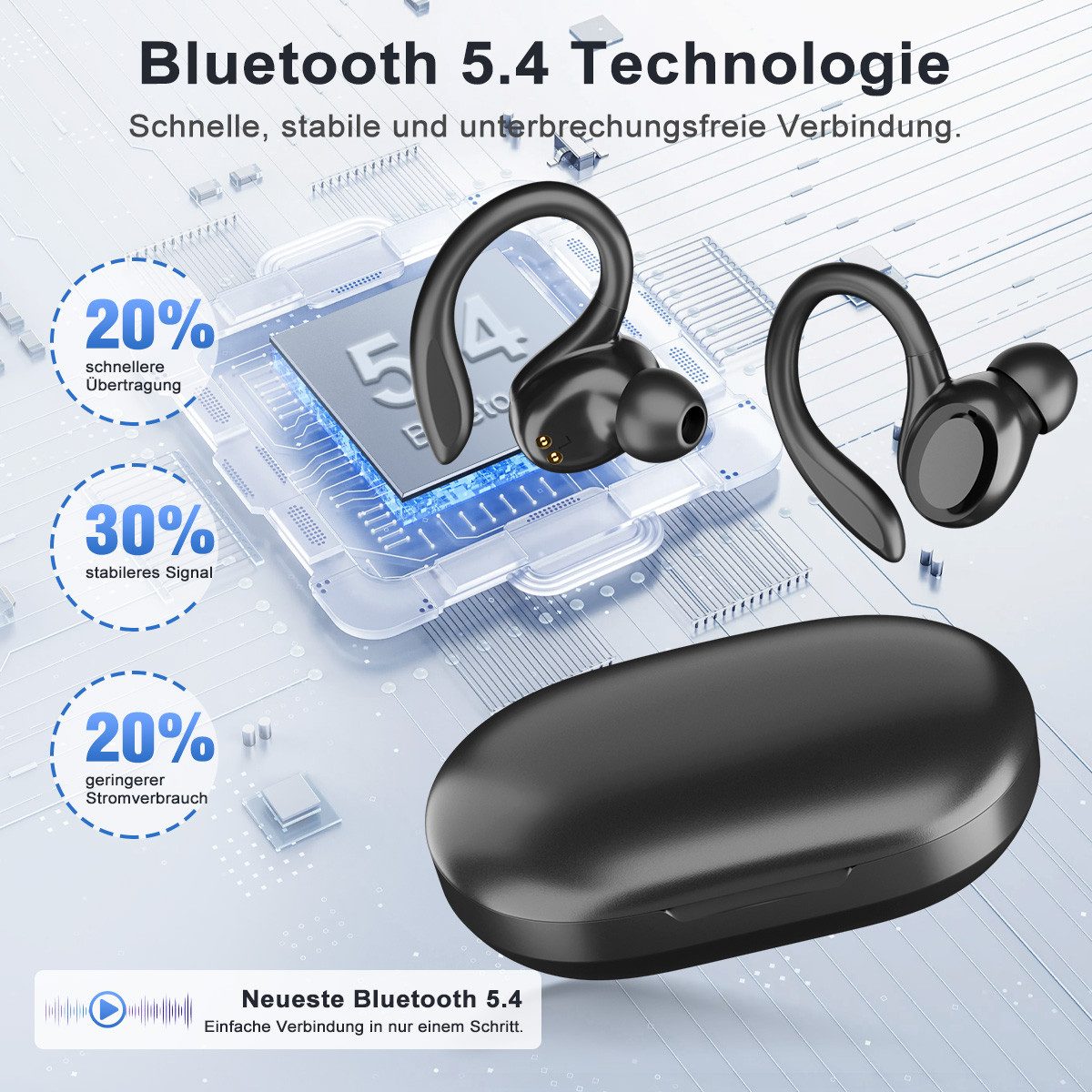 VSIUO Surround Sound Mit Mikrofon Gaming-Headset (Ergonomisches Ohrbügel-Design, Siri, Voice Assistant, ENC Rauschunterdrückung, Bluetooth 5.4)