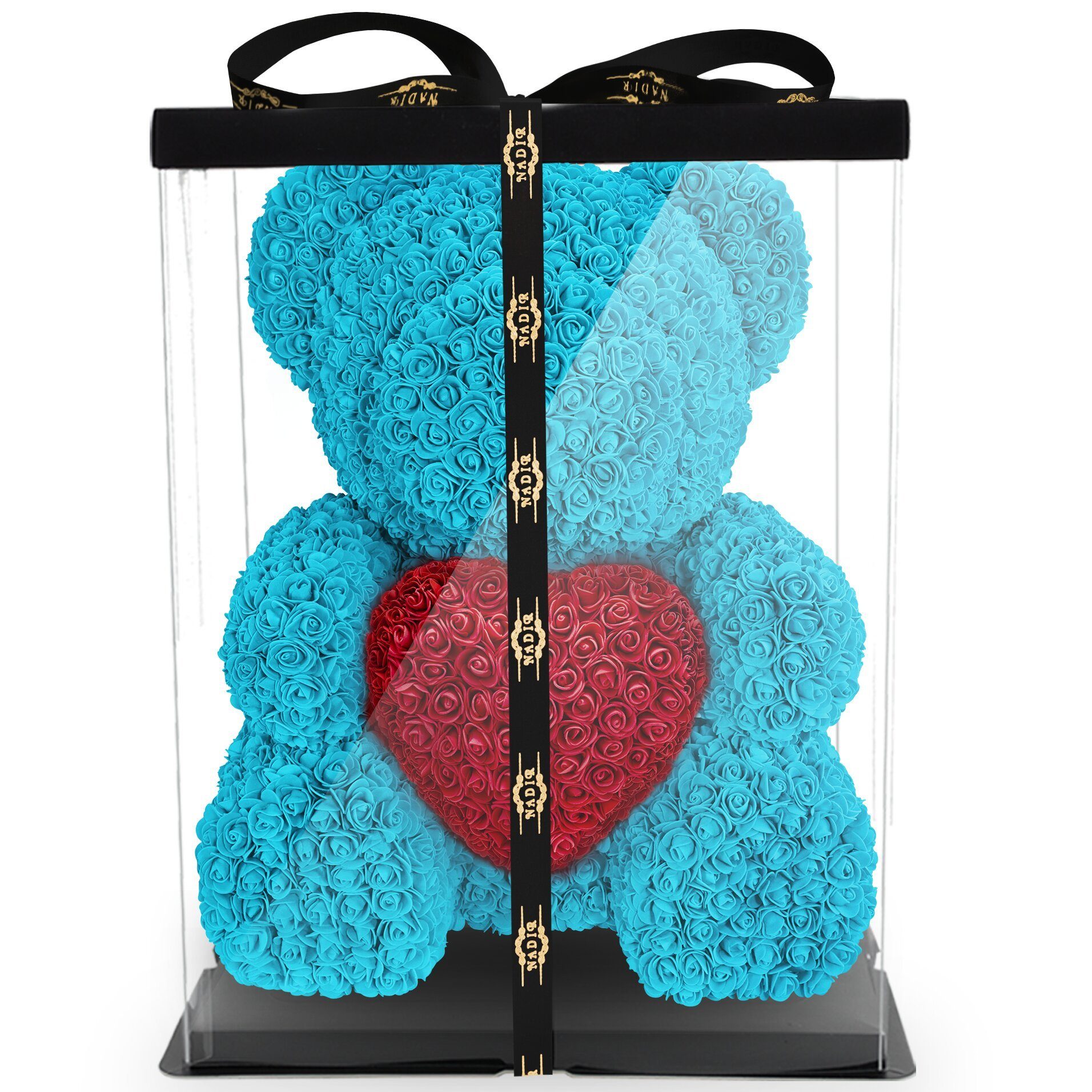 Kunstblume Rosenbär mit Geschenkbox Farben mit Herz Geschenk für Freundin 70 cm Künstliche Pflanze, NADIR, ca. 850 Kunstblüten