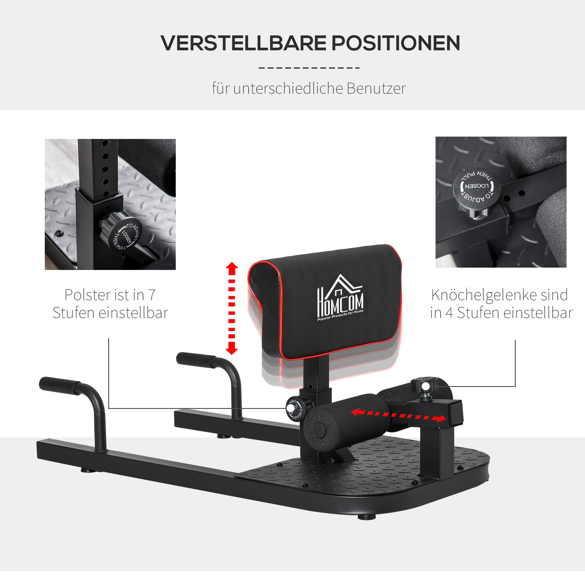 HOMCOM Bauchtrainer Sissy Squat Kniebeugentrainer Beintrainer verstellbar bis 120 kg (Bauch-Gesäß-Trainer, 1-St., 3 in 1 Trainer verstellbar bis 120 kg), bis 12 – Bild 5 von 5