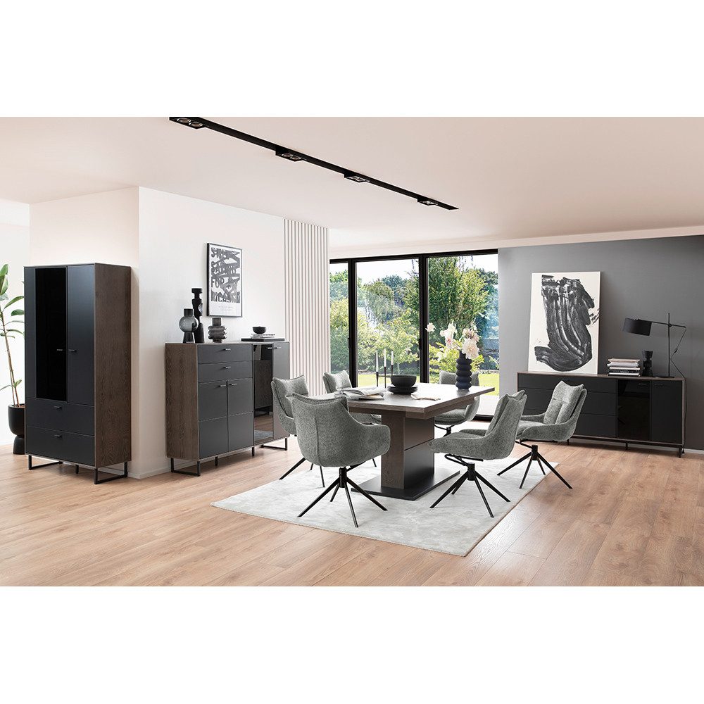 Lomadox Esszimmer-Set VARAZZE-05, (Spar-Set, 4-St., Vitrine Highboard Sideboard Esszimmertisch), Softblack mit Eiche Furnier, zum Teil montiert, 4-teilig