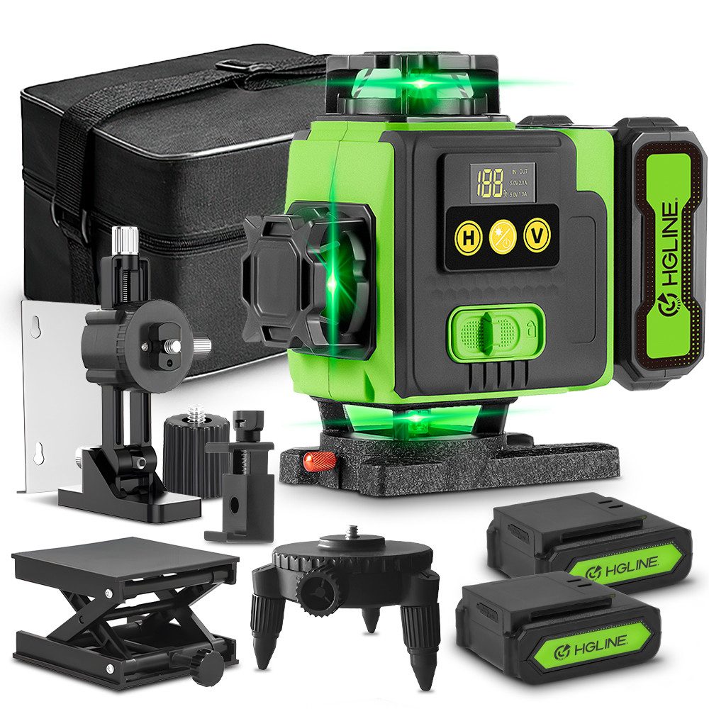 HGLINE Laserwasserwaage 4x360° Grün Lasernivellier Selbstnivellierend, mit 2 x Batterien / Fernbedienung / IP54 Wasser- & Staubdicht