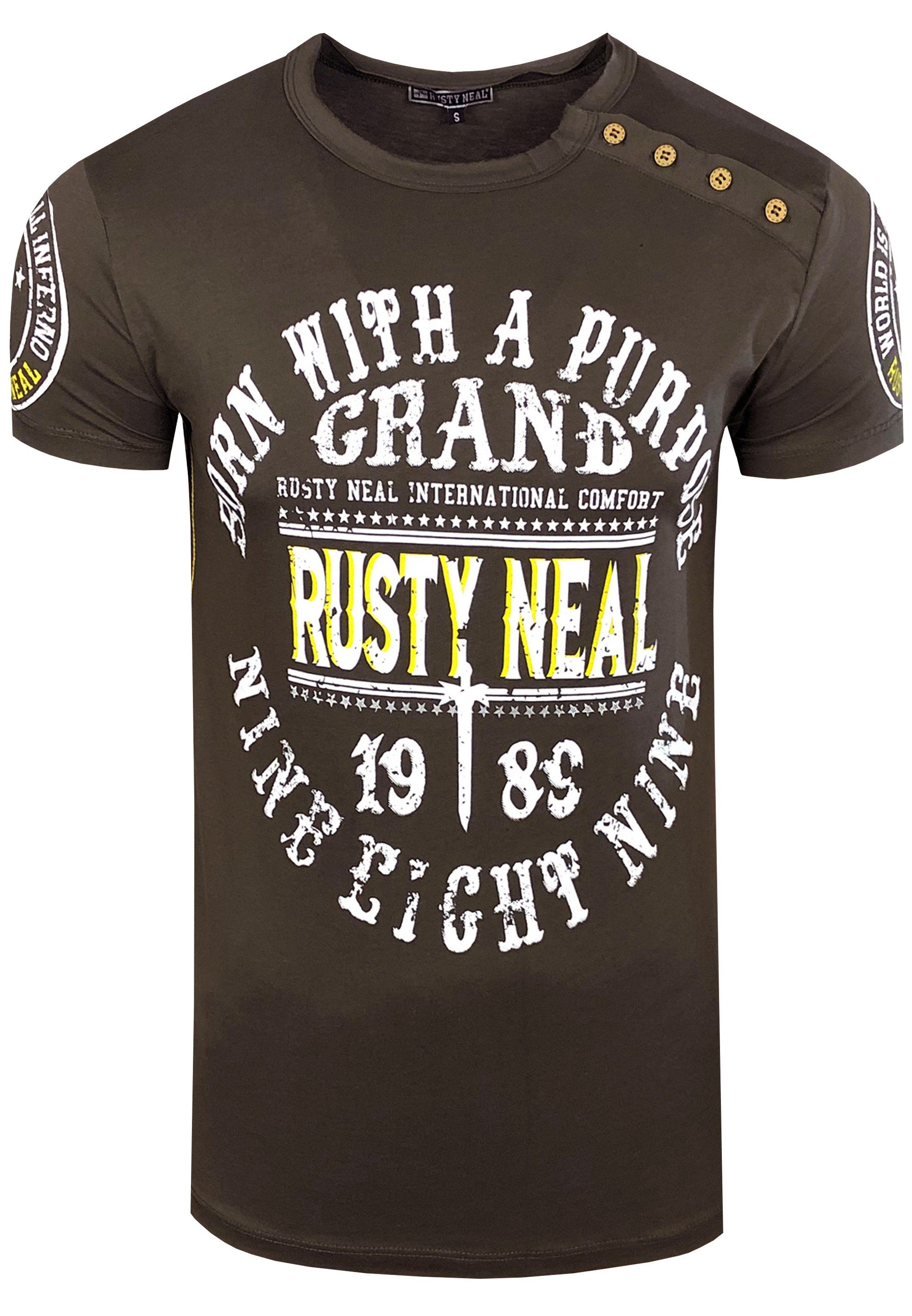 T-Shirt khaki Neal mit Rusty seitlicher Knopfleiste