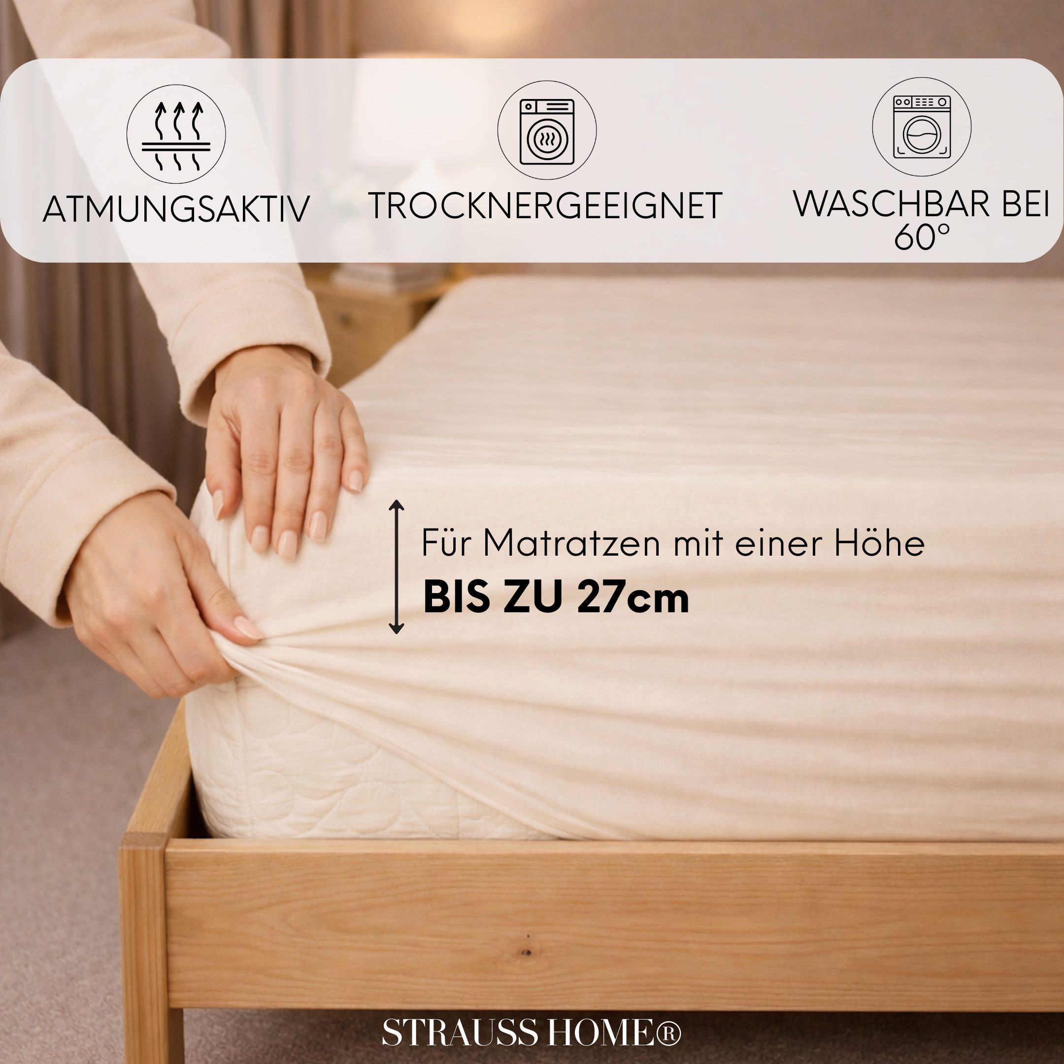 Strauss Home Spannbettlaken Premium 160 g/m² Gekämmte Baumwolle Jersey in Hotelqualität, Gummizug: Rundumgummi, OEKO-TEX®-zertifiziert - Hotelqualität – Formsta – Bild 3 von 5