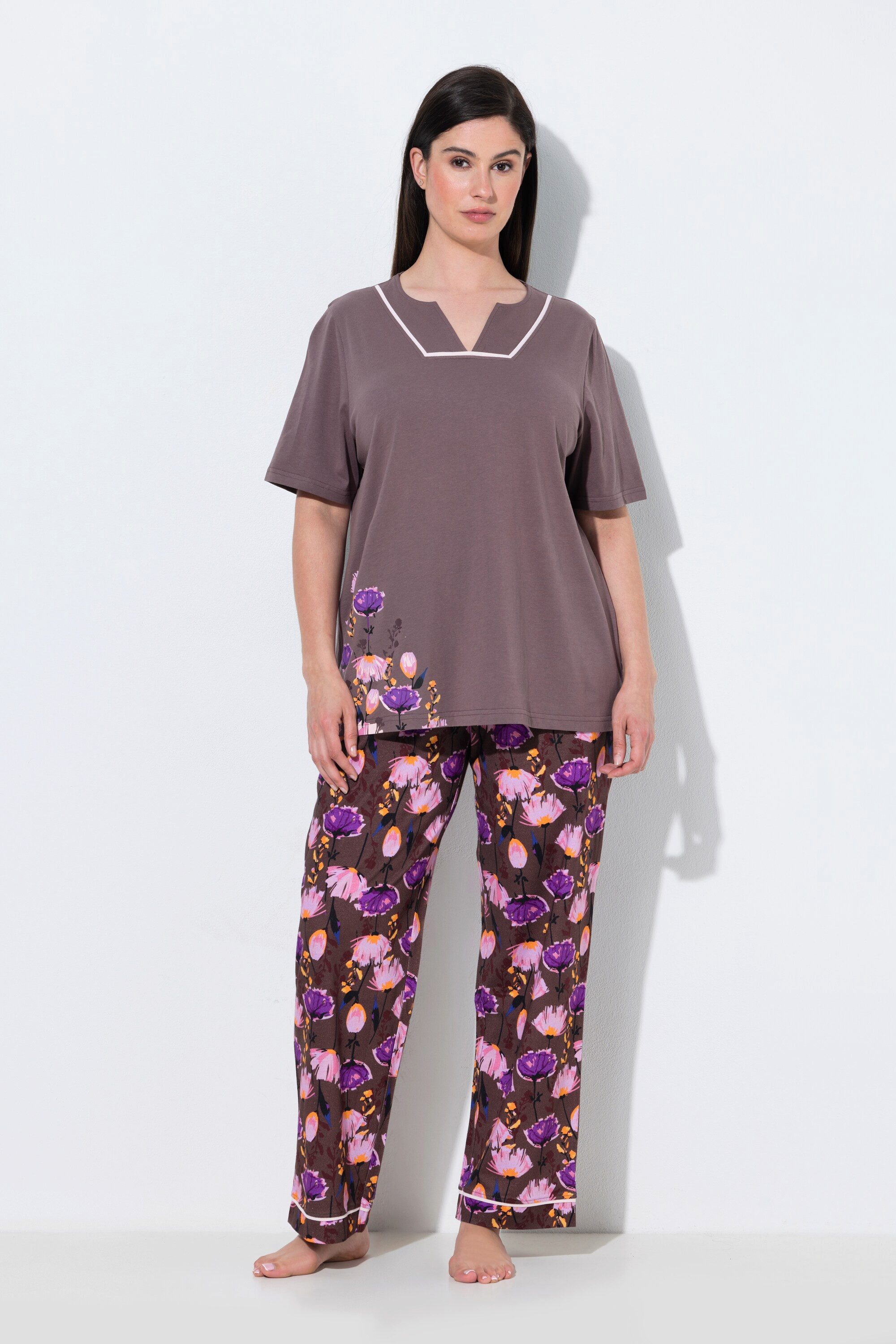 Ulla Popken Pyjama Pyjama Blüten Tunika-Ausschnitt Halbarm
