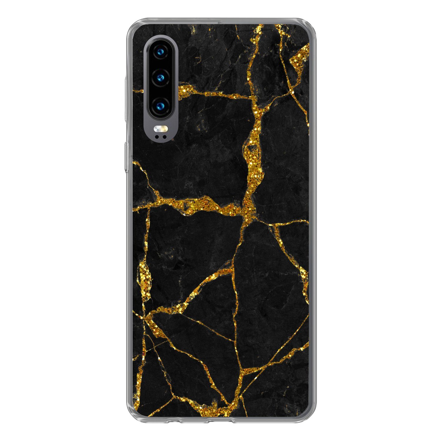 MuchoWow Handyhülle für Huawei P30 Marmor - Gold - Schwarz - Marmoroptik - Glitter, Handy Case, Silikon, Bumper Case Dünn