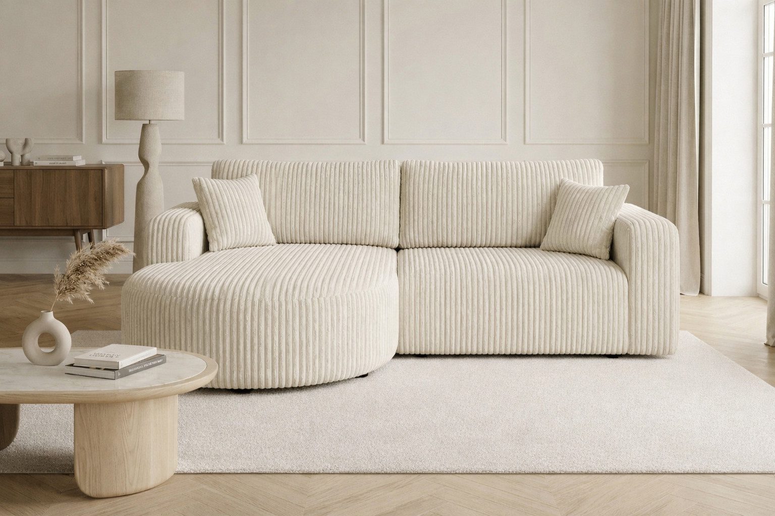 Kaiser Möbel Ecksofa mit Schlaffunktion für Wohnzimmer, Cordstoff Tilia, ROUND ONE, abgerundete Form, Liegefunktion, Stauraum, modernes Design