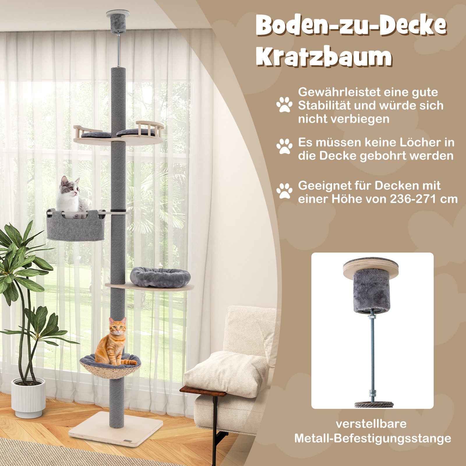 COSTWAY Kratzbaum, 5-stöckig, mit Hängematte & Korb & Bett, 236-271cm