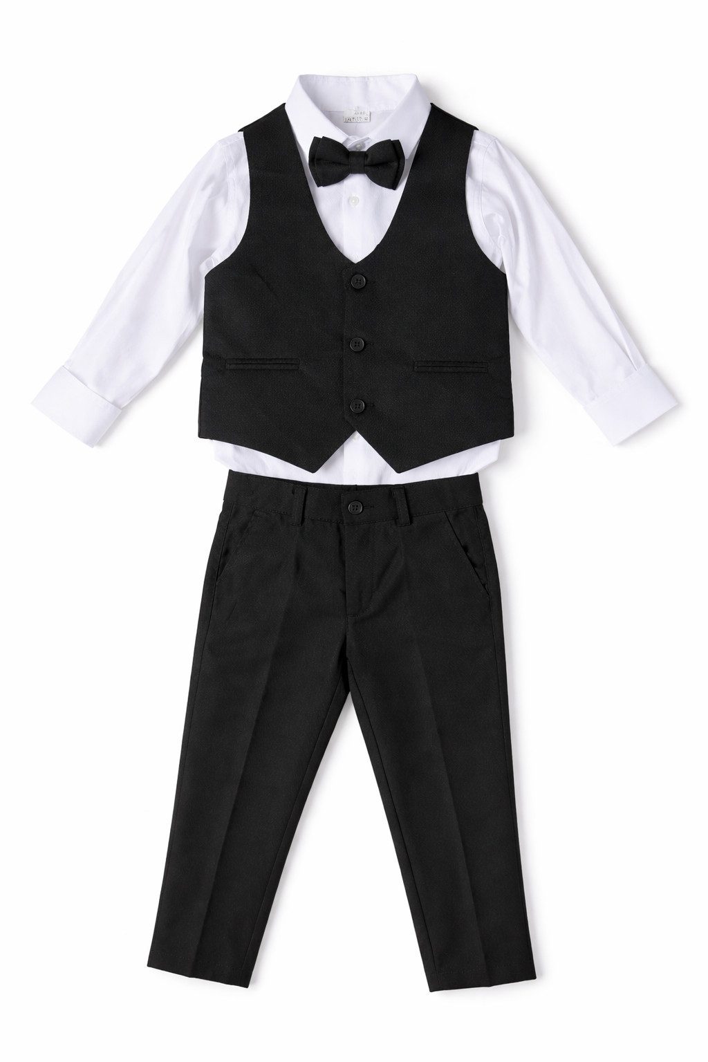 Lorey Medtec Anzug 4-teilig Jungen Outfit, 4er Set: Hemd, Weste, Hose, Fliege, schwarz, weiß (Hemd + Weste + Hose + Fliege)