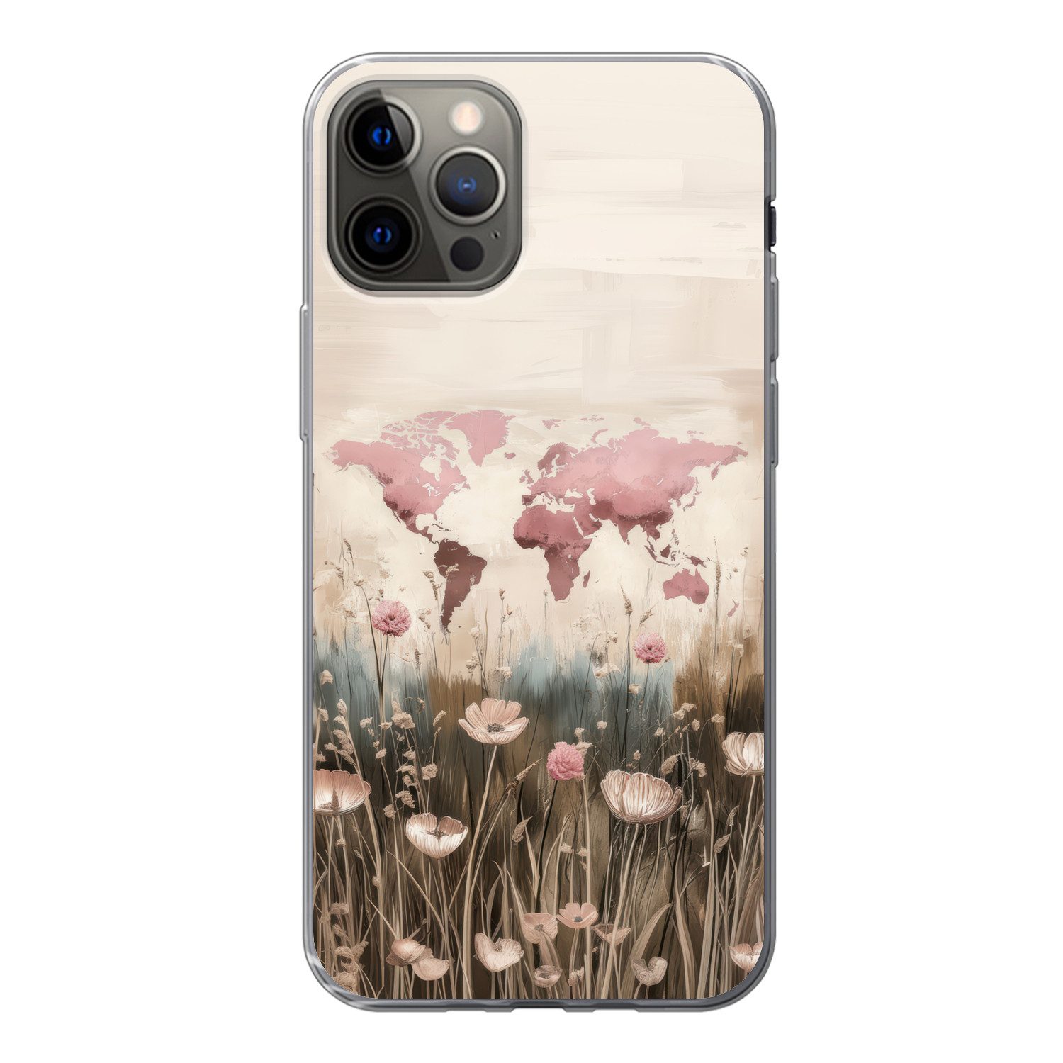 MuchoWow Handyhülle für Apple iPhone 13 Pro Weltkarte - Rosa - Blumen, Smartphone-Bumper, Print, Handy Schutzhülle Dünn