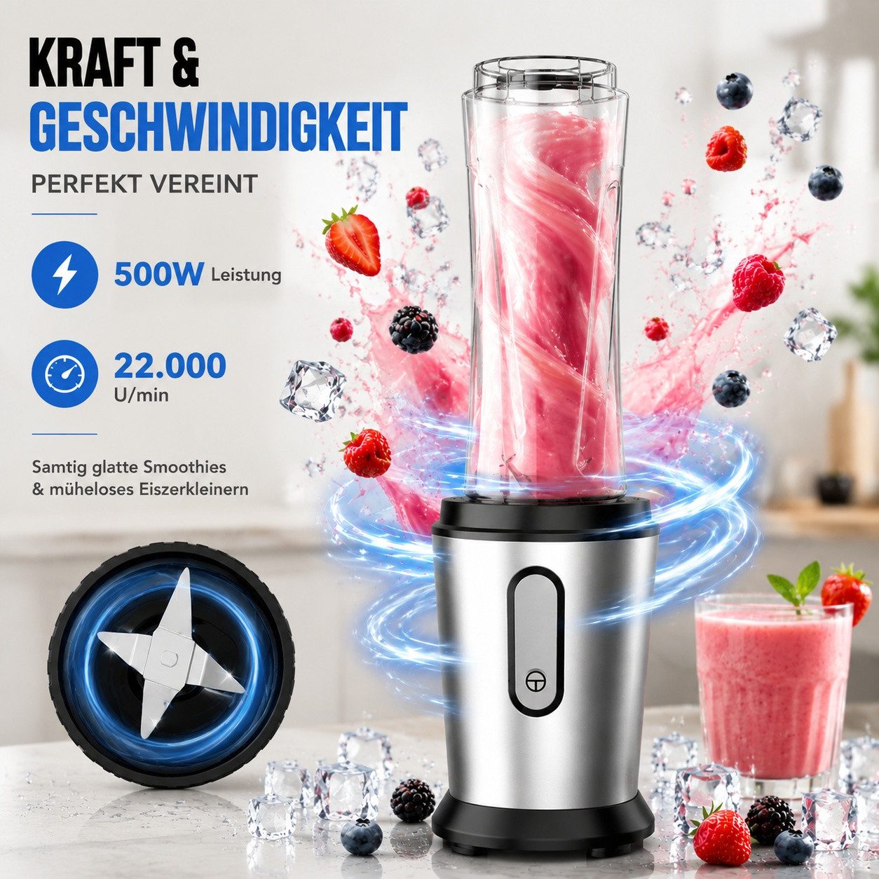 Fofile Standmixer Smoothie Maker Mixer 22.000 U/min mit 2x 600ml blender mixer, 500 W, BPA-frei, 304 Edelstahl Klingen, Motorbasis mit rutschfesten Pads – Bild 4 von 5
