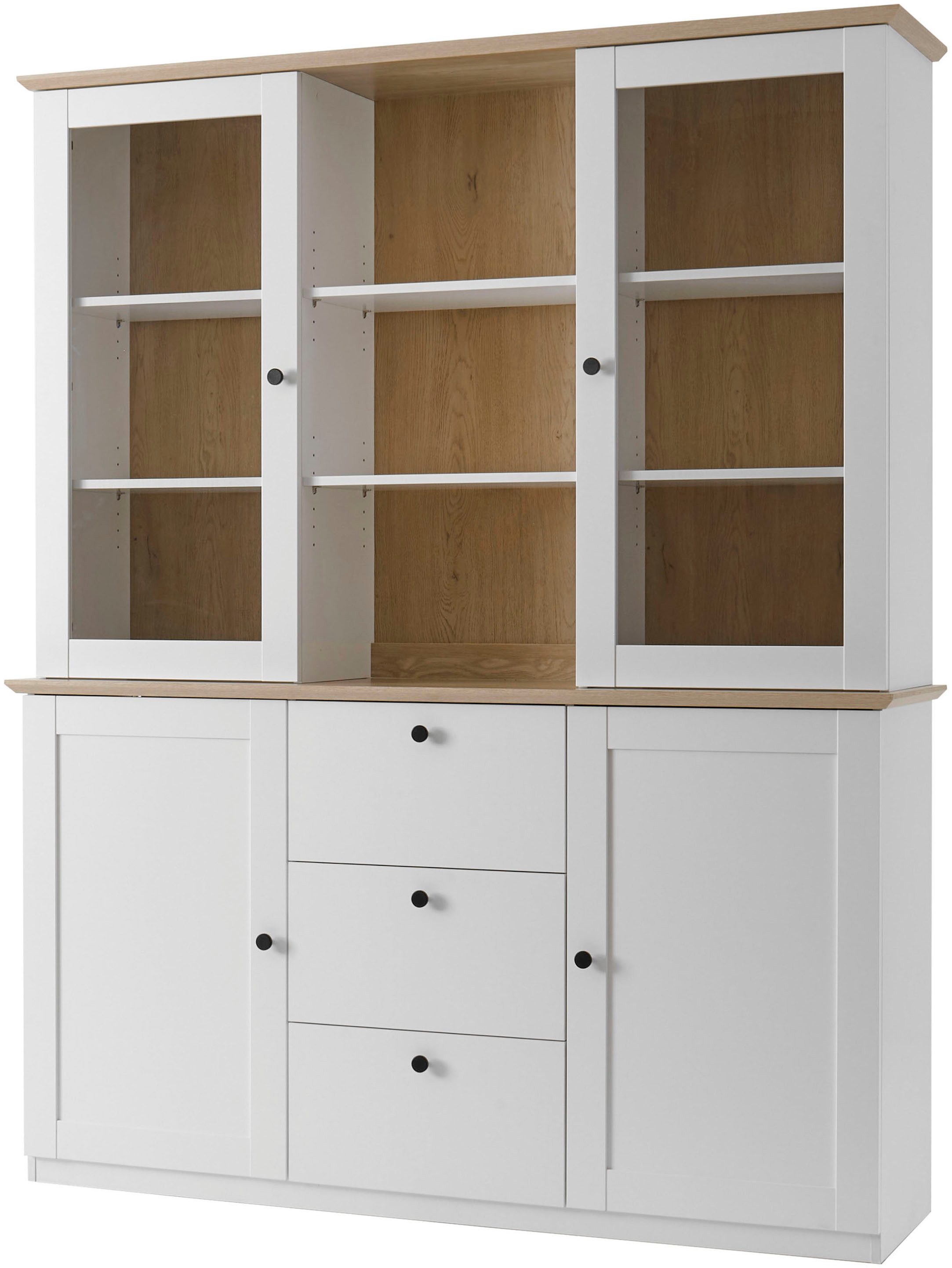 OTTO home Buffet Brest, Hochschrank im Landhausstil, Schrank, Küchenschrank schwarze Metallgriffe, viel Stauraum, Glastüren, 164 cm breit