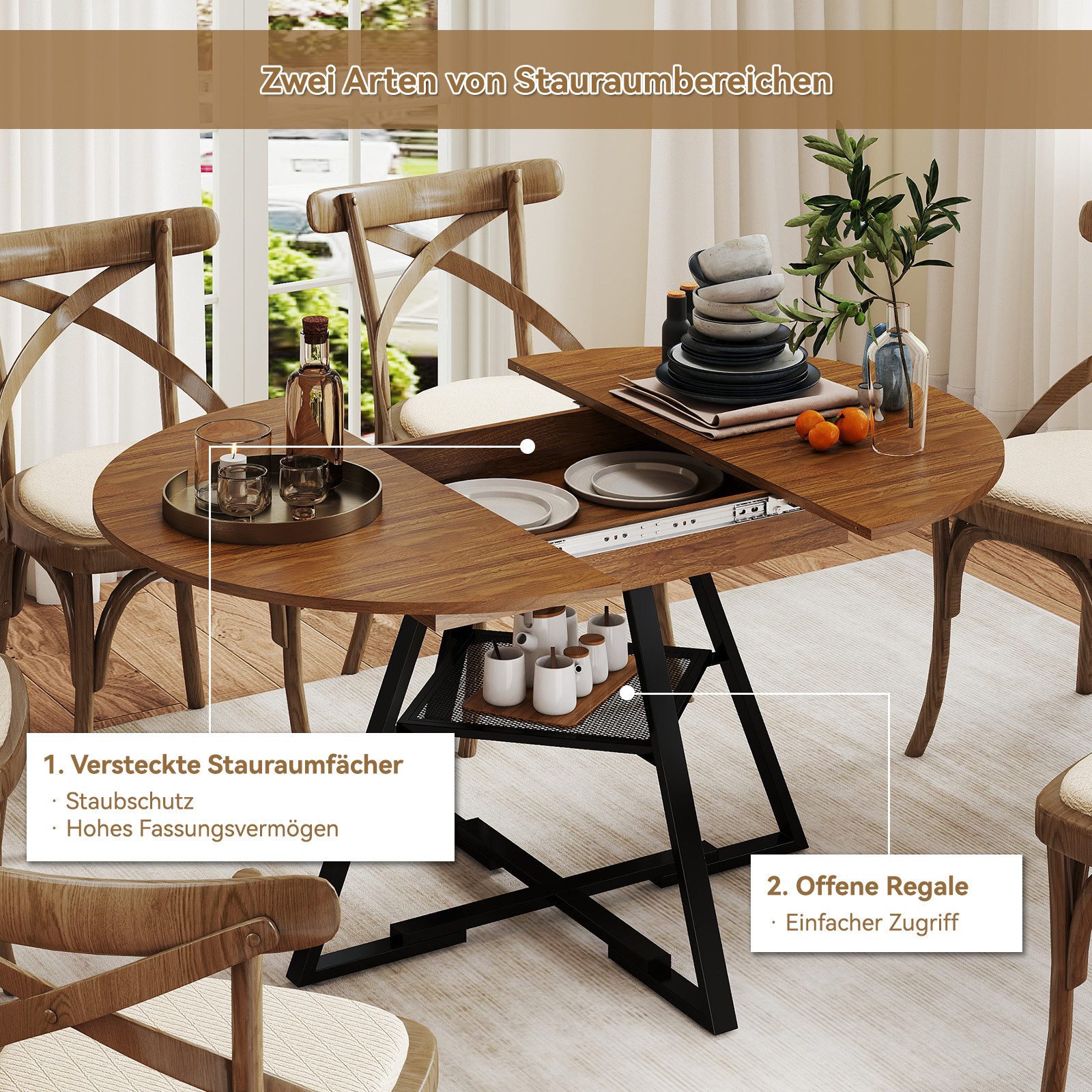 Puluomis Esstisch 100-130cm ausziehbar mit versteckte Fächer, offene Regale, 120kg Tragkraft, für Wohnzimmer, Esszimmer – Bild 5 von 5