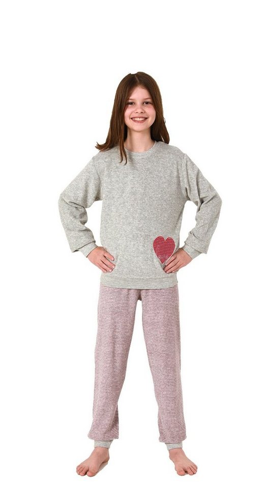 Mädchen Frottee Pyjama langarm mit Bündchen in toller Herz und Streifenoptik