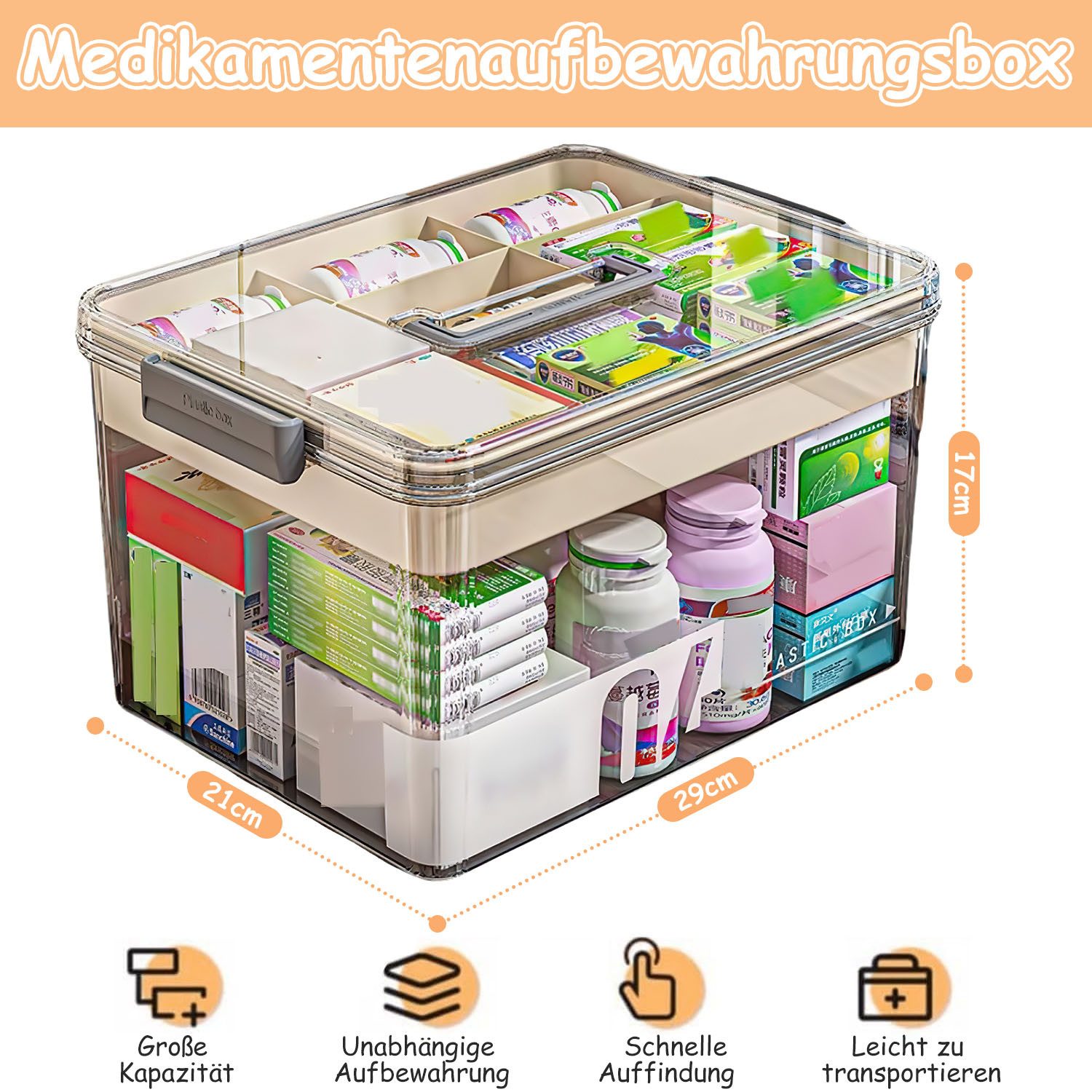 HEYHIPPO Stapelbox Handliche Medikamentenbox mit 2 Etagen, groß und praktisch für Zuhause (Aufbewahrungsbox aus verdicktem PET-Material, Größe 28 x 21 x 17 cm), Tragbare Aufbewahrungsbox für den Haushalt, transparent und sichtbar