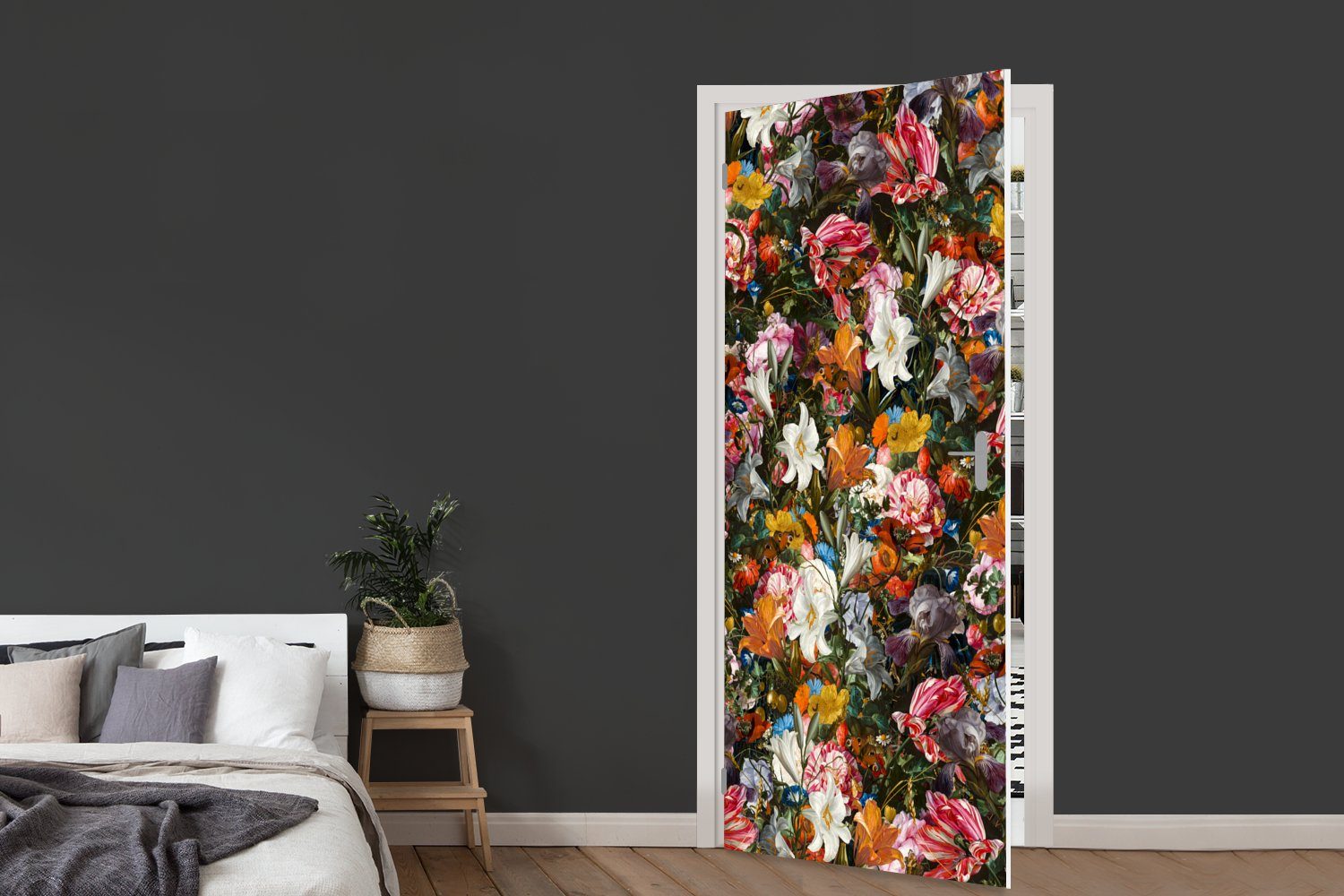 MuchoWow Türtapete Blumen - Schmetterling - Design - Kunst - Abstrakt - Malerei - Alte Me, Matt, bedruckt, (1 St), Selbstklebende Tapete, Folie für Möbel, 75x205 cm