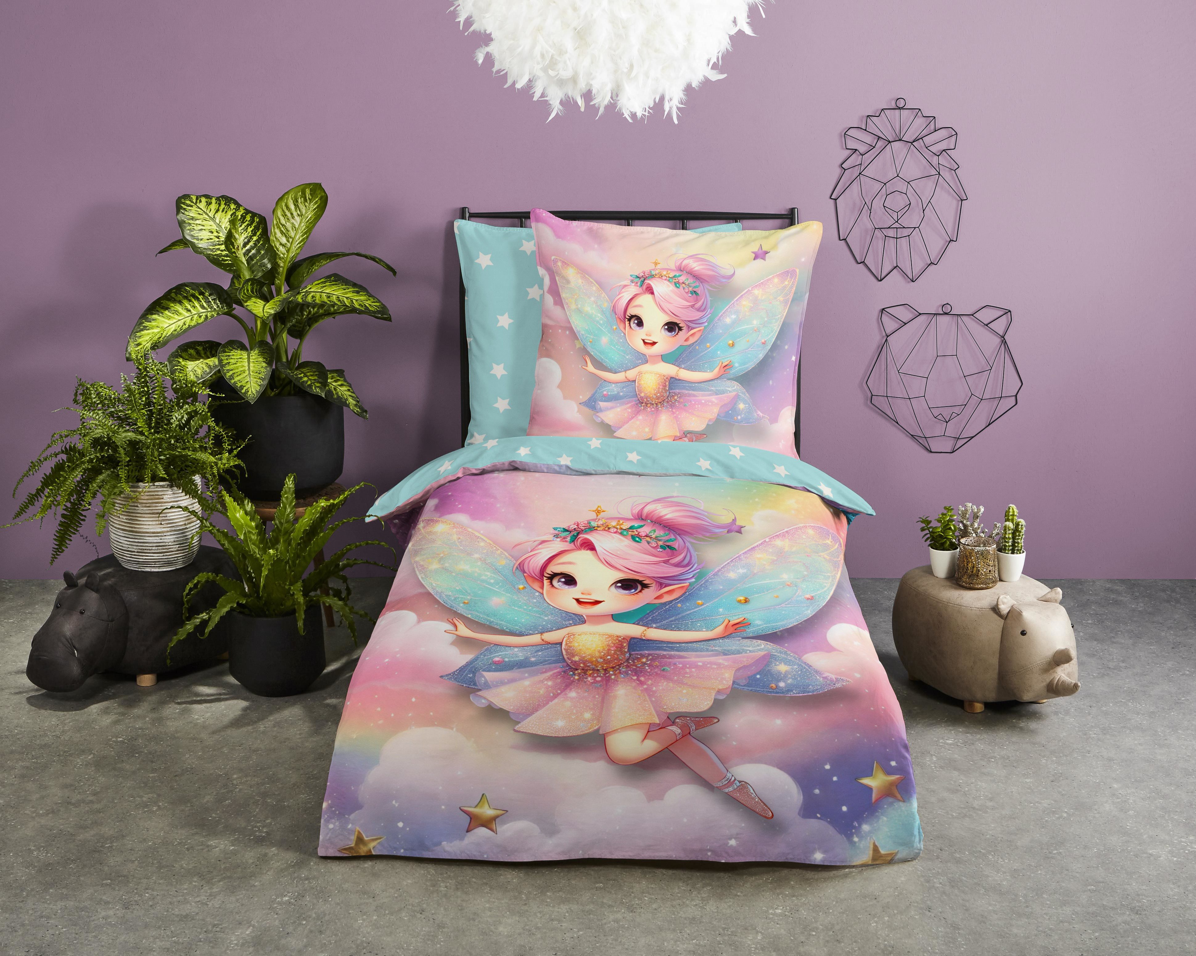 good morning Kinderbettwäsche Twinkles, Renforcé, 2 teilig, Baumwolle, Renforcé, 2 Teilig, Wendeoptik, Kind, Mädchen, Fee – Bild 2 von 5