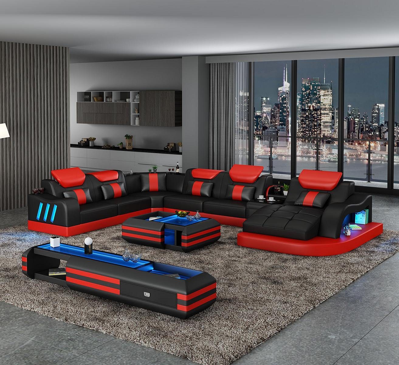 JVmoebel Wohnzimmer-Set, Ecksofa Polster U-Form Design Couch Grau Leder Schwarz/Rot Sideboard Couchtisch