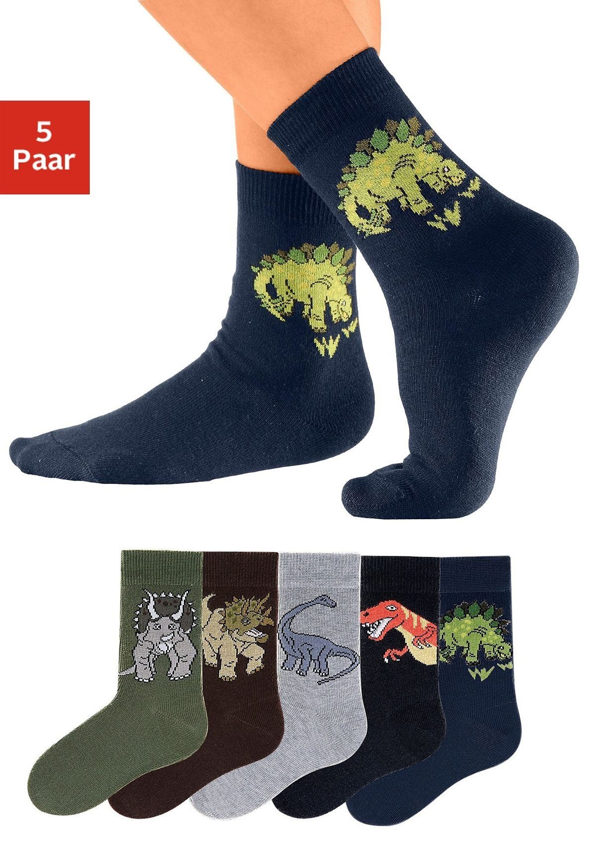 H.I.S Socken Kindersocken Jugendliche Motivsocken (Packung, 5-Paar, Gr. 19-22 bis 39-42) mit Dinosauriermotiven