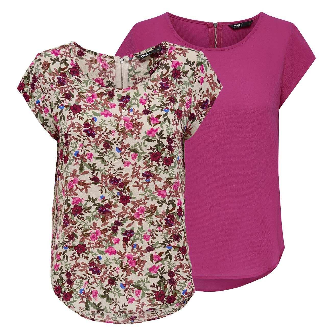 ONLY T-Shirt Damen Top ONLVIC Regular Fit (2-tlg) Basic Kurzarm Tee Shirt mit Rundhalsausschnitt Very Berry (15284243)