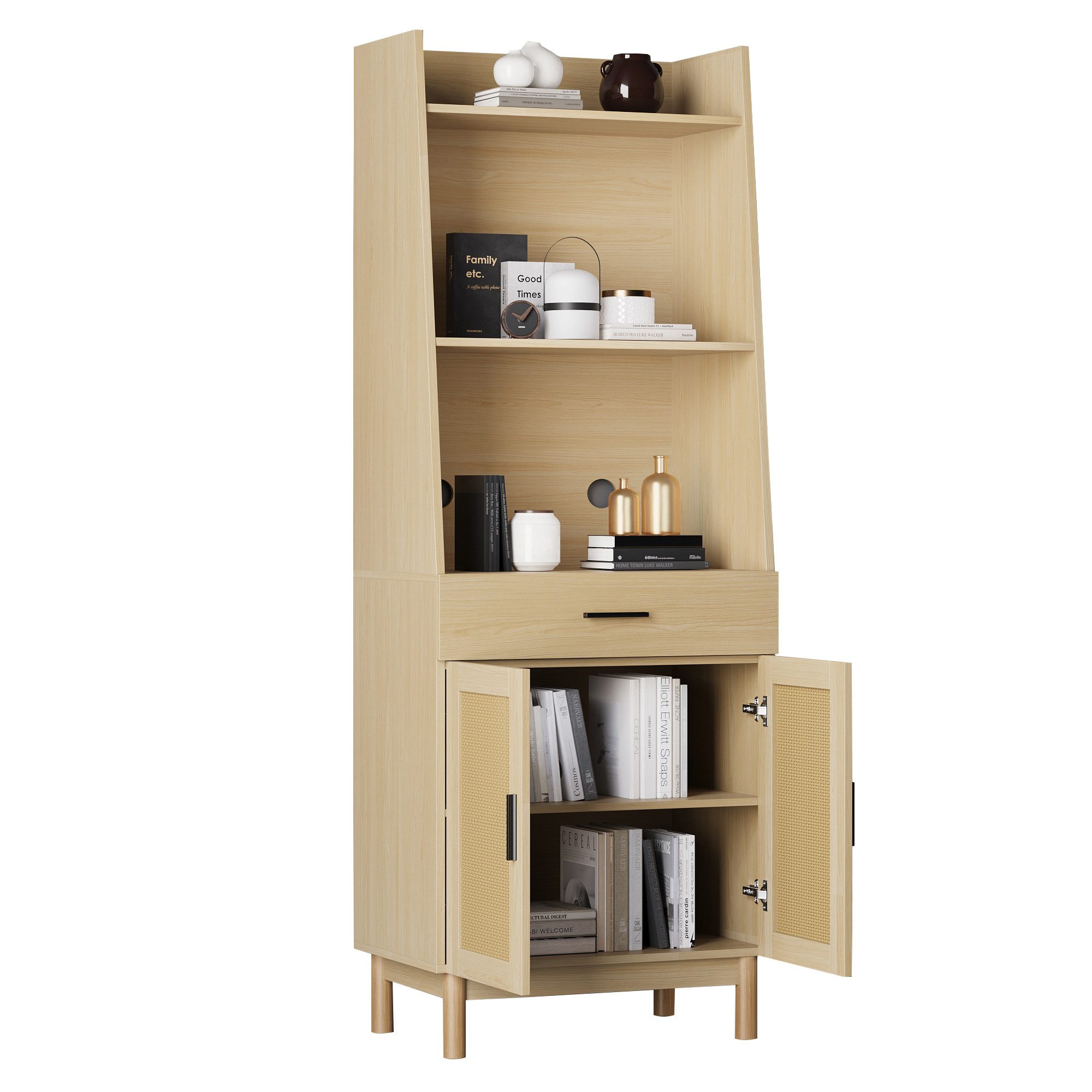Merax Küchenbuffet mit Rattantüren und Einlegeböden Highboard Landhaus mit Schublade,Bücherschrank,Sideboard,Kippschutz