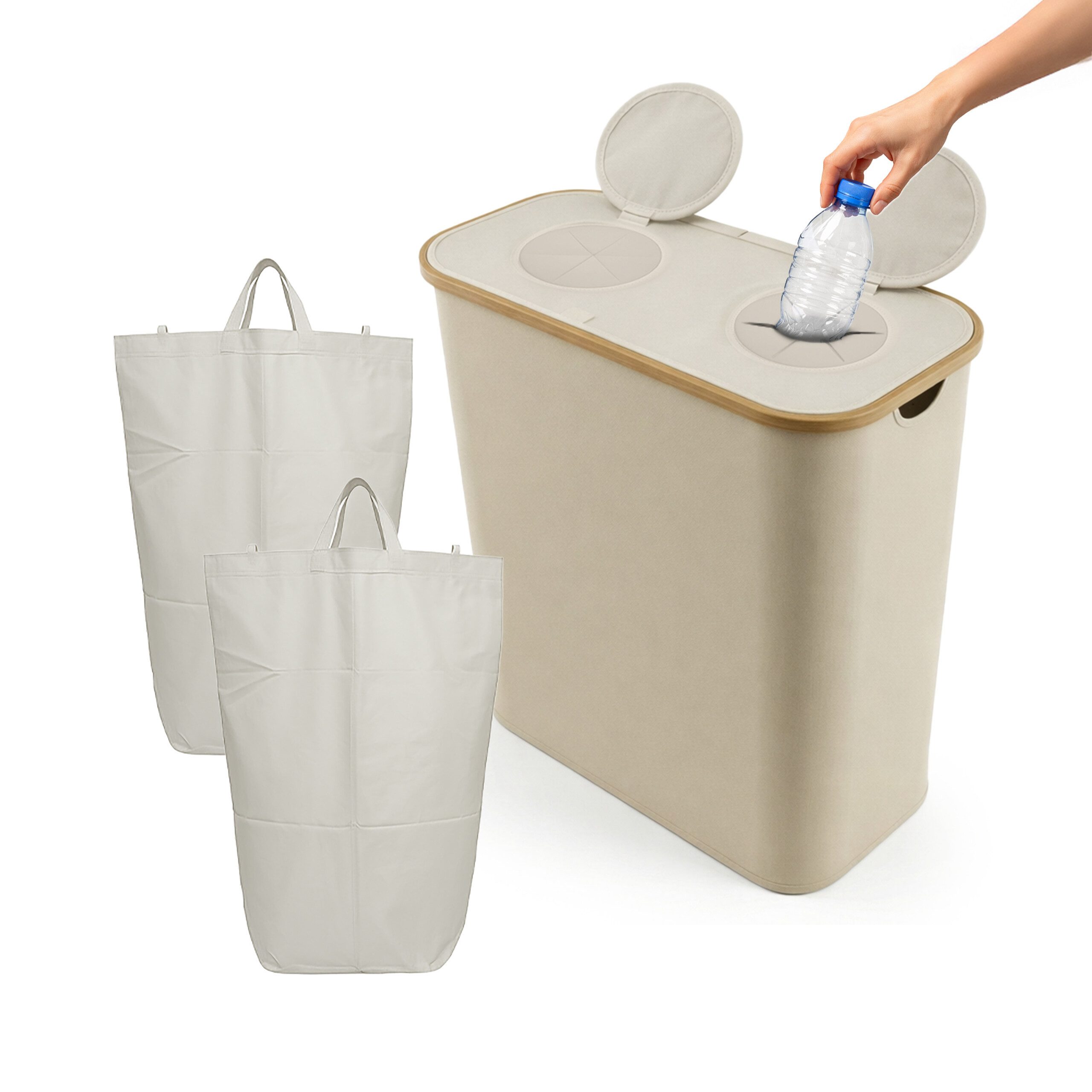 relaxdays Flaschensammler Pfandflaschen-Sammelbehälter 2 Fächer, Beige, 140 L für 60 Pfandflaschen
