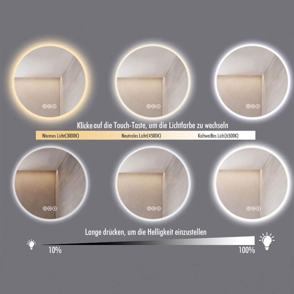 HOME DELUXE Badspiegel LED-Spiegel Rund FIANA - Größenauswahl (Aufhängbar mit und ohne Band), Antibeschlagsystem, Stufenloses Dimmen
