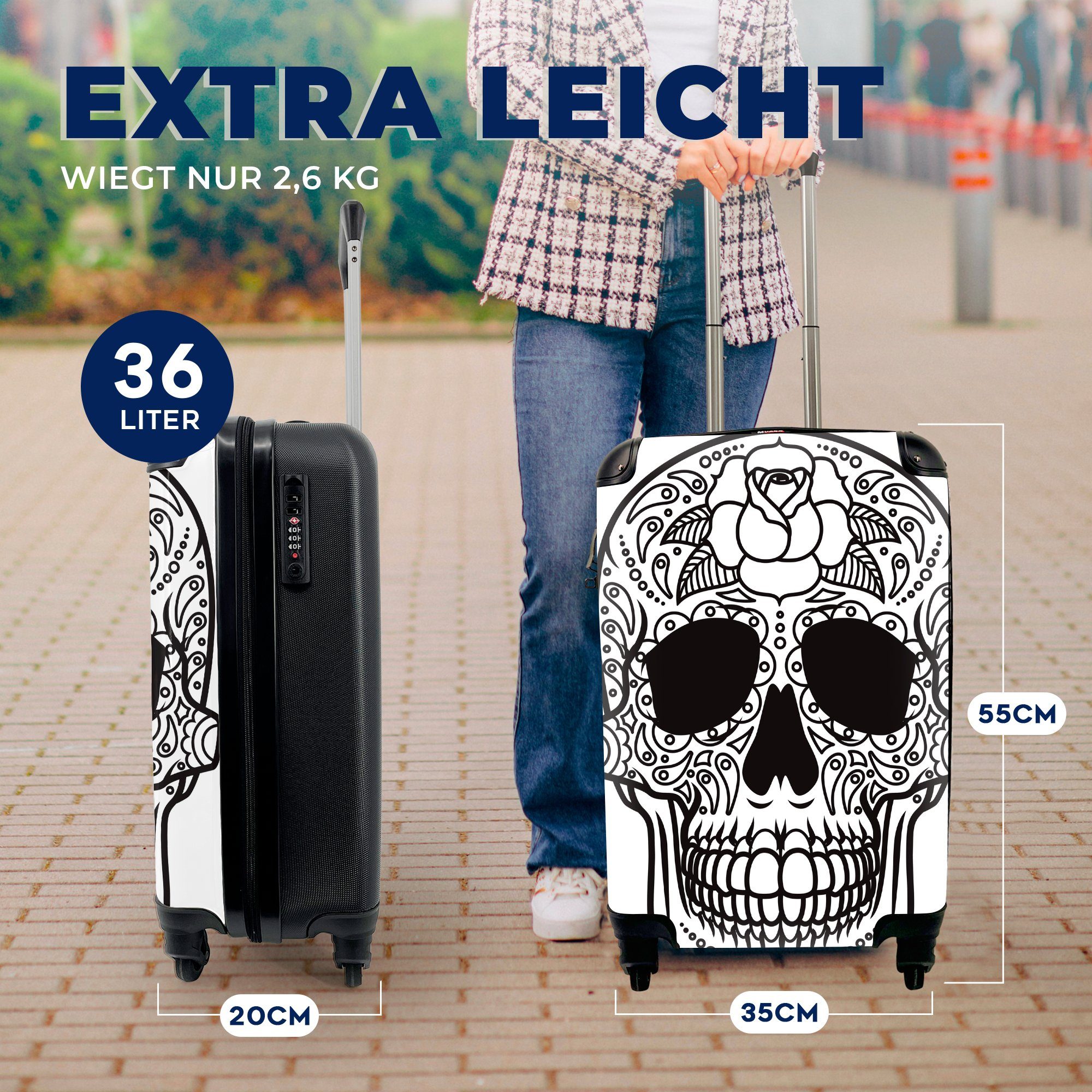 MuchoWow Handgepäckkoffer Eine schwarz-weiße Illustration eines Dias De Los Muertos-Schädels, 4 Rollen, Reisetasche mit rollen, Handgepäck für Ferien, Trolley, Reisekoffer