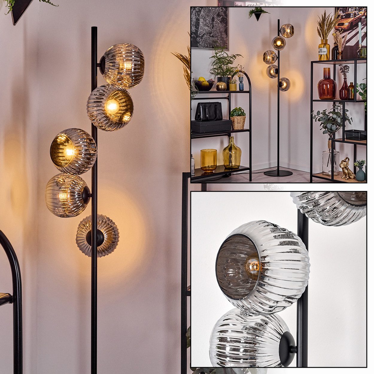 Stehlampe Stehlampe aus Metall/Riffelglas in Schwarz/Chrom/Rauch, Retro-Design