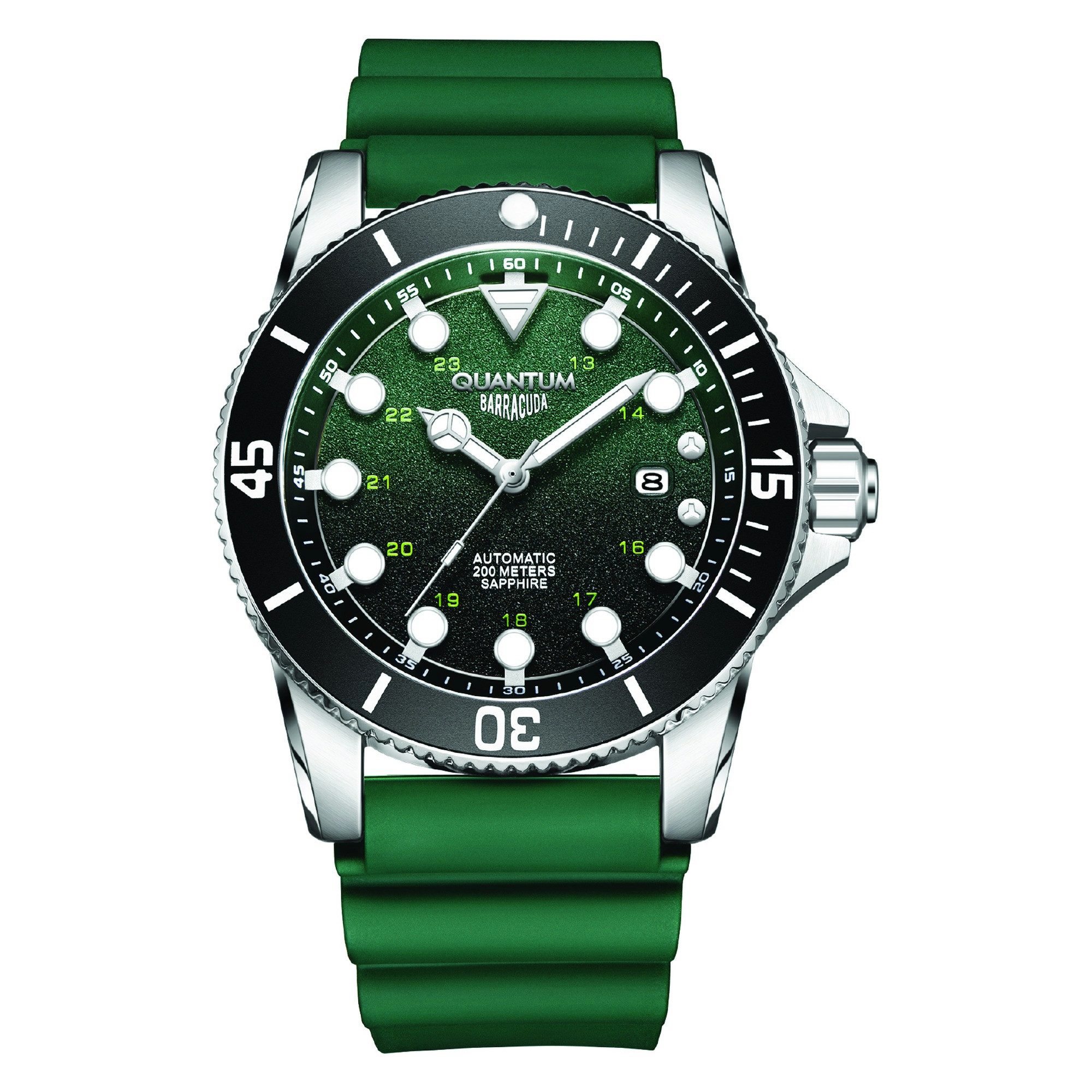 QUANTUM Automatikuhr Taucheruhr Herren, Herrenuhr Silikonarmband, 44 mm, 20 ATM wasserdicht dunkelgrünes Zifferblatt, silber – BARRACUDA BAR1115.375, (1-tlg), Datum, Saphirglas, inkl. Geschenkbox