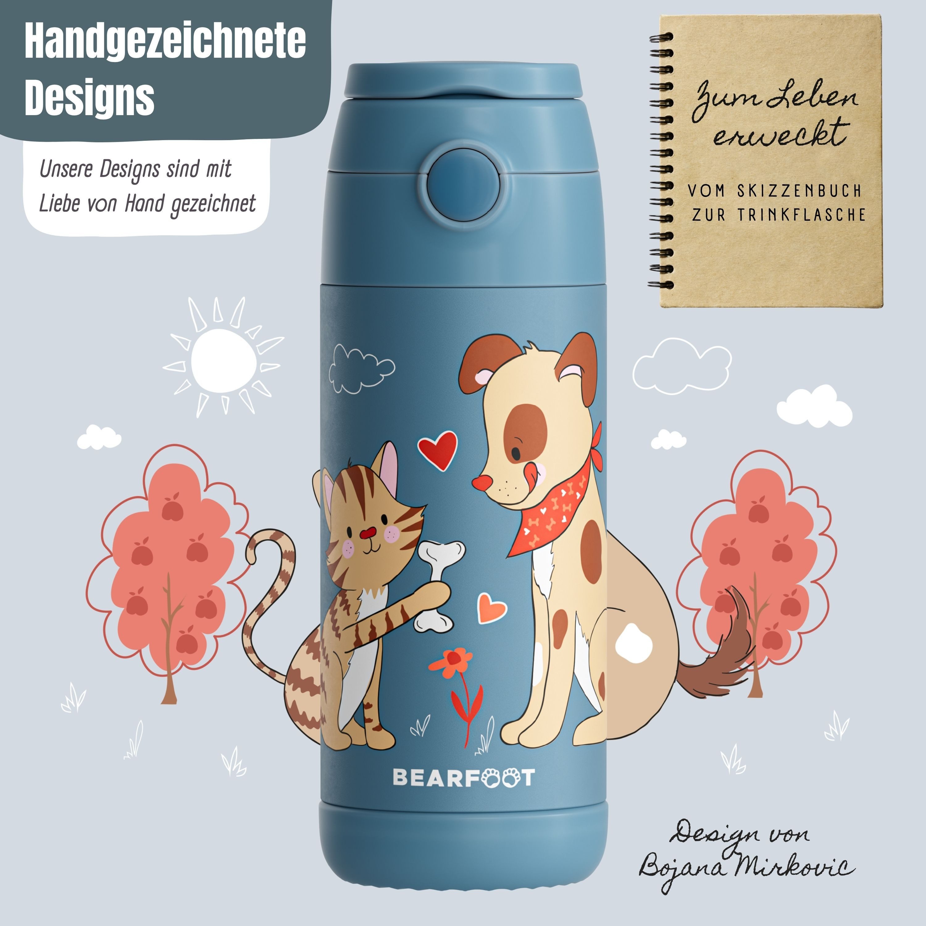 BEARFOOT Trinkflasche Thermo Kinder Trinkflasche Edelstahl - Hund & Katze blau, Thermosflasche, auslaufsicher, Edelstahl, Kinderflasche, BPA-frei – Bild 4 von 5