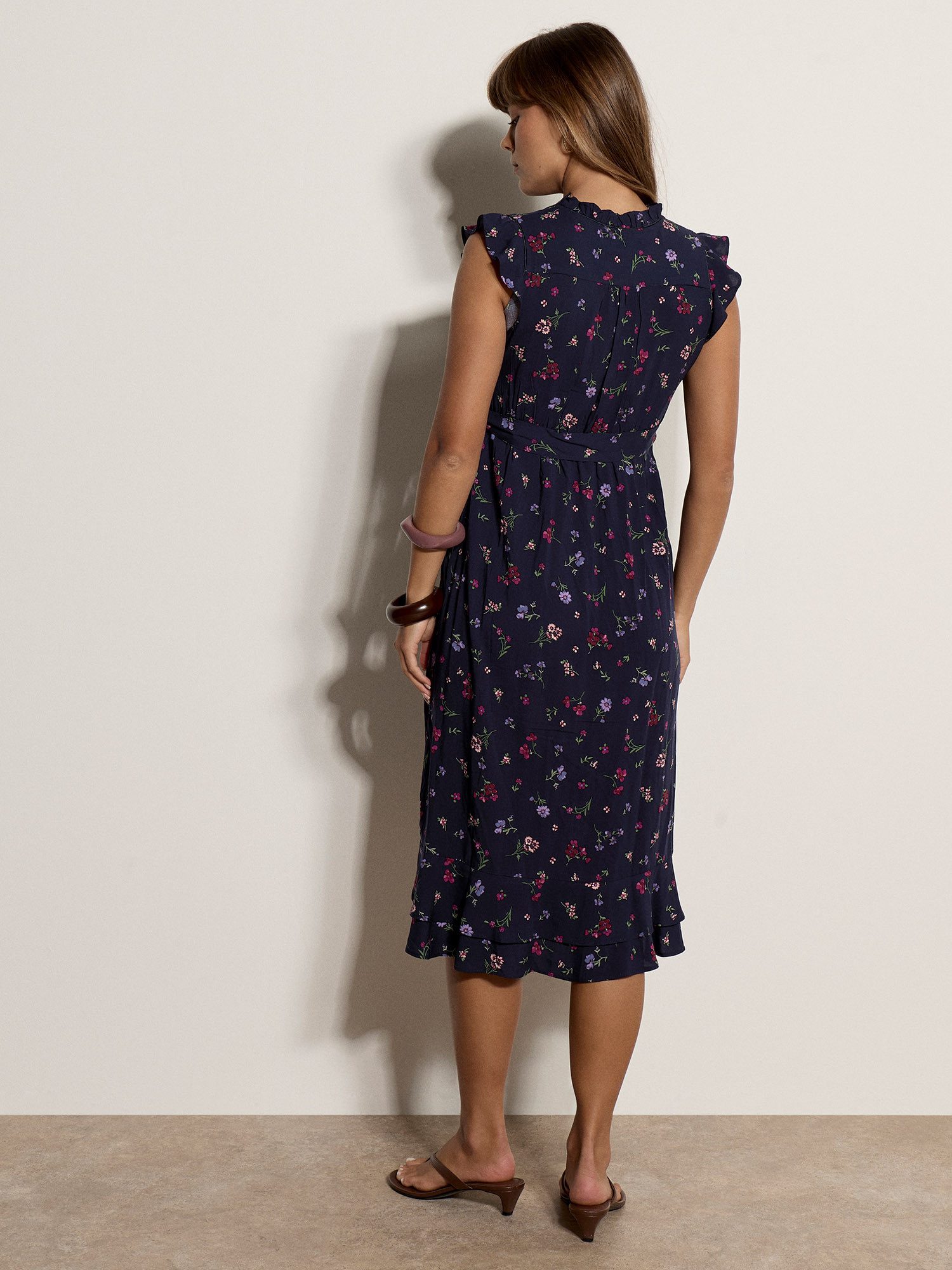 Apricot Midikleid Geblümtes Midi-Kleid mit Rüschen und Gürtel