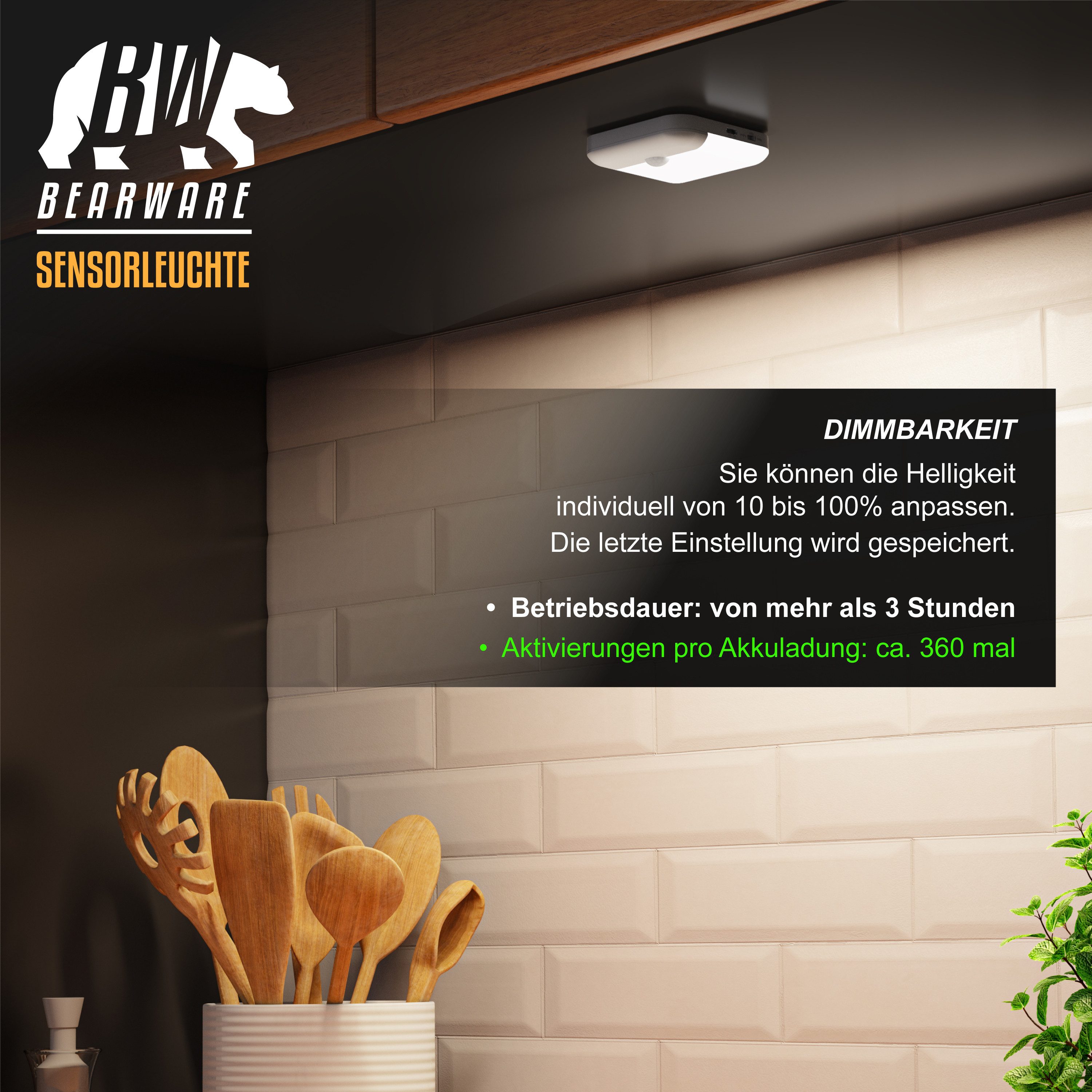 Brandson LED Nachtlicht Schranklicht mit Bewegungsmelder, 2 Lichtfarben, Akku, dimmbar, Bewegungsmelder (PIR); Lichtsensor; Dimmfunktion; Dauerlicht (30 Min); Auto-Modus; Auto-Off (15 s), LED fest integriert, Warmweiß, Kaltweiß, 500 mAh, 60 lm, 7,8x7,8 cm, USB-C, 15 s Timer, Lichtsensor, Magnet