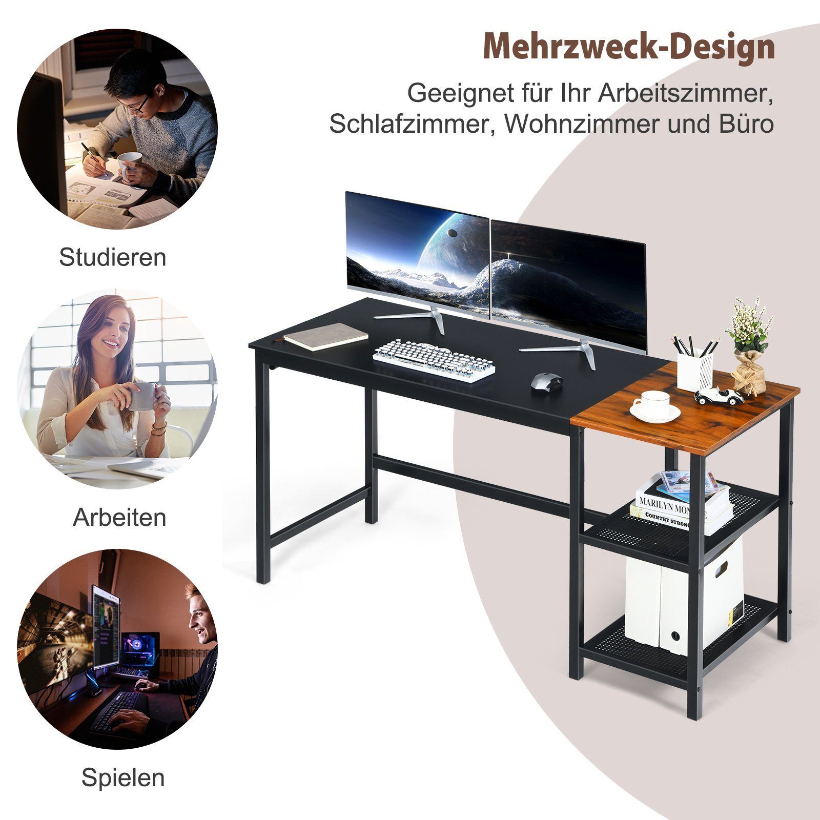 & Ablagefächern Computertisch, COSTWAY herausnehmbaren Schwarz mit Kopfhörerhaken