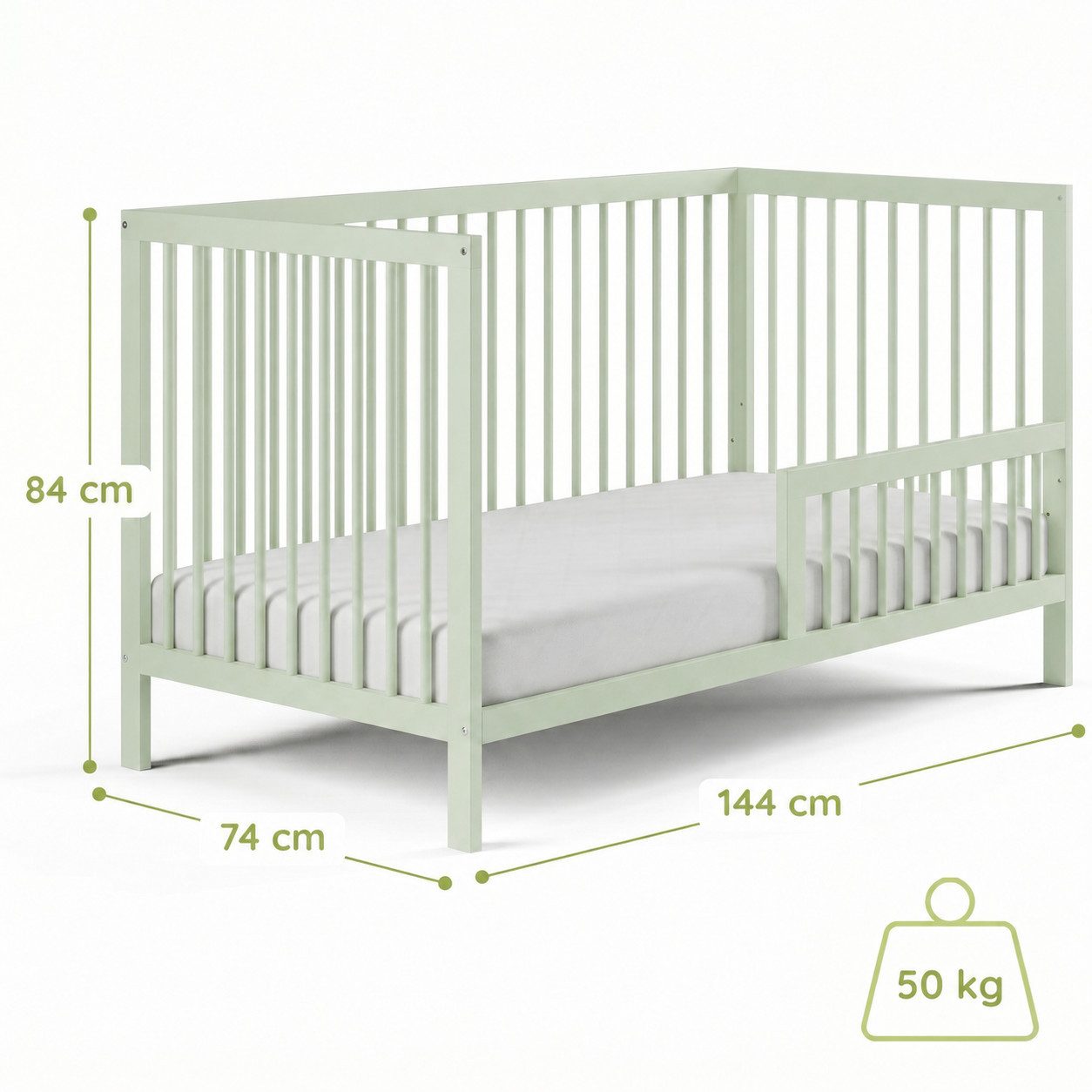 Kids Collective Babybett Kinderbett Gitterbett Baby Bett mit Rausfallschutz 60x120 70x140, stabiles Buchenholz, made in Europe 70x140 cm Grün