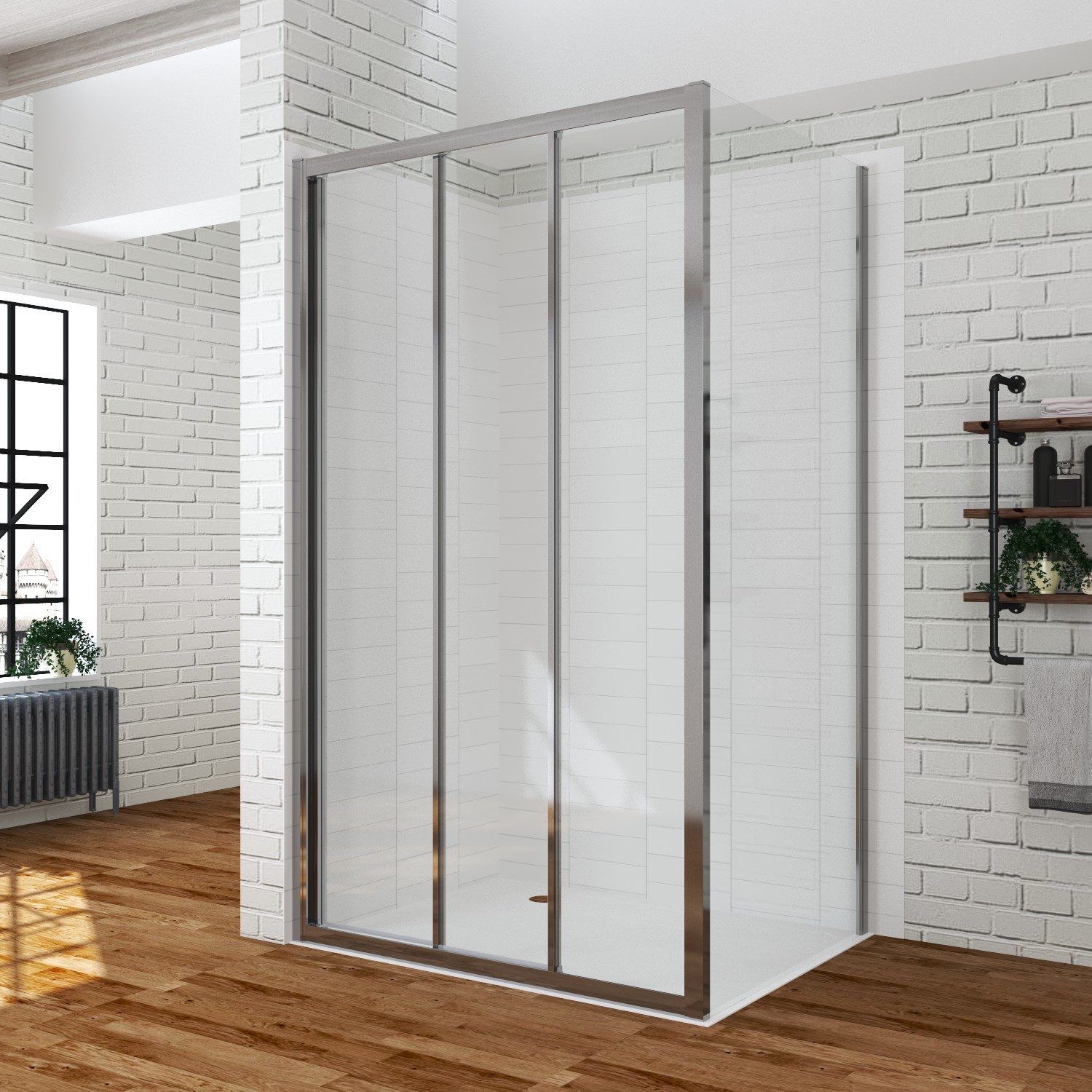 AQUABATOS Duschwand Rechteck Duschkabine mit Schiebesystem 3-teilige ESG-Duschabtrennung, Einscheibensicherheitsglas, Eckdusche mit Seitenwand aus 6mm Nano ESG, eloxiertes Aluminiumprofil