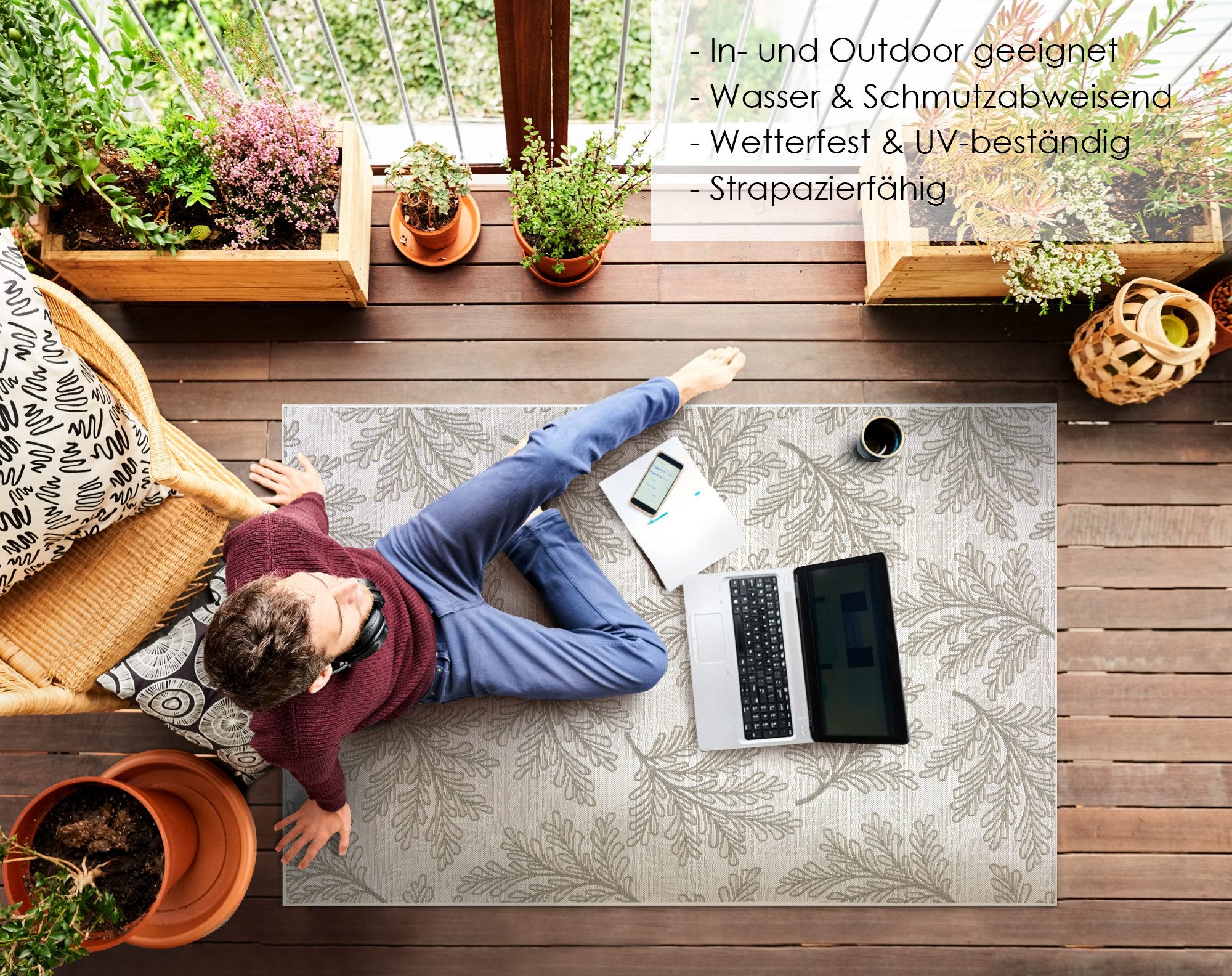 DomDeco Outdoorteppich In- & Outdoor Teppich JORIS, Serie "Alora", Braun, 120 x 170 cm, Rechteckig, Wetterfest & UV-beständig, schimmelresistent