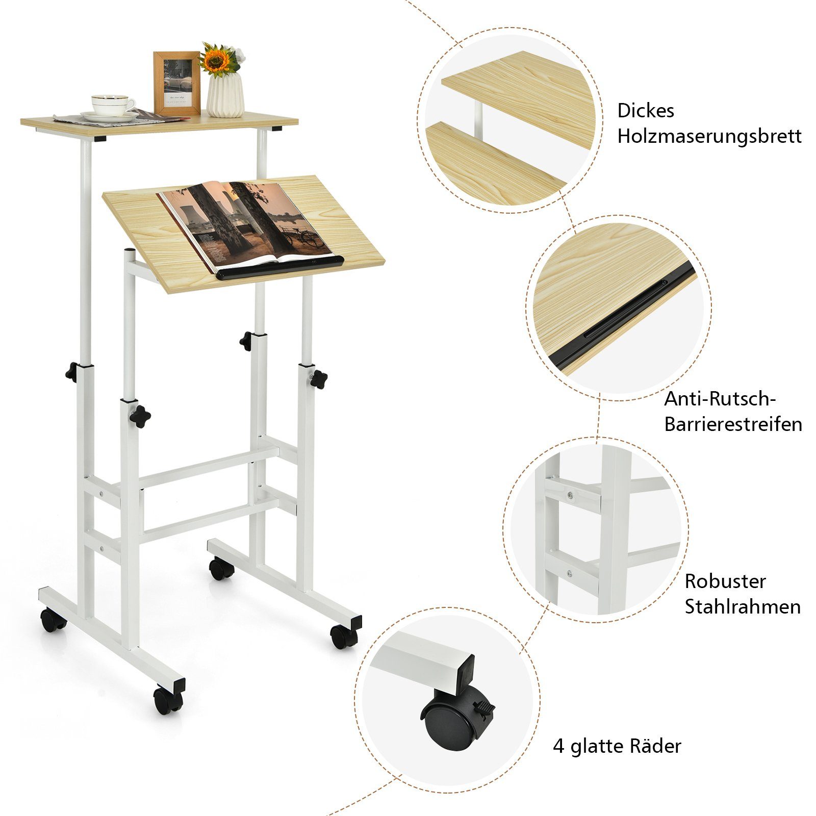 COSTWAY Computertisch, 2-stufig, höhenverstellbar Natur Rollen, mit 72-124cm