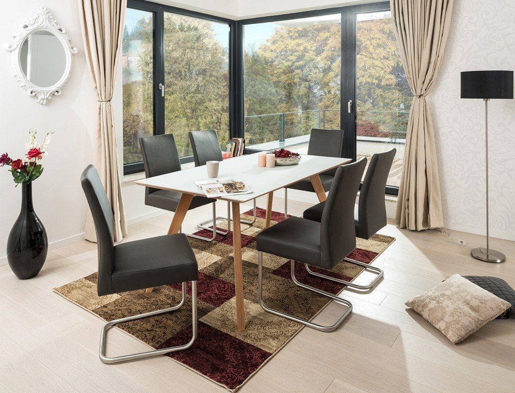 expendio Essgruppe Tromsa Vidrio, (komplette Tischgruppe, Spar-Set, 7-tlg), Tisch Eiche natur mit Glasauflage 140x90 cm + Schwingstühle Kaja fango