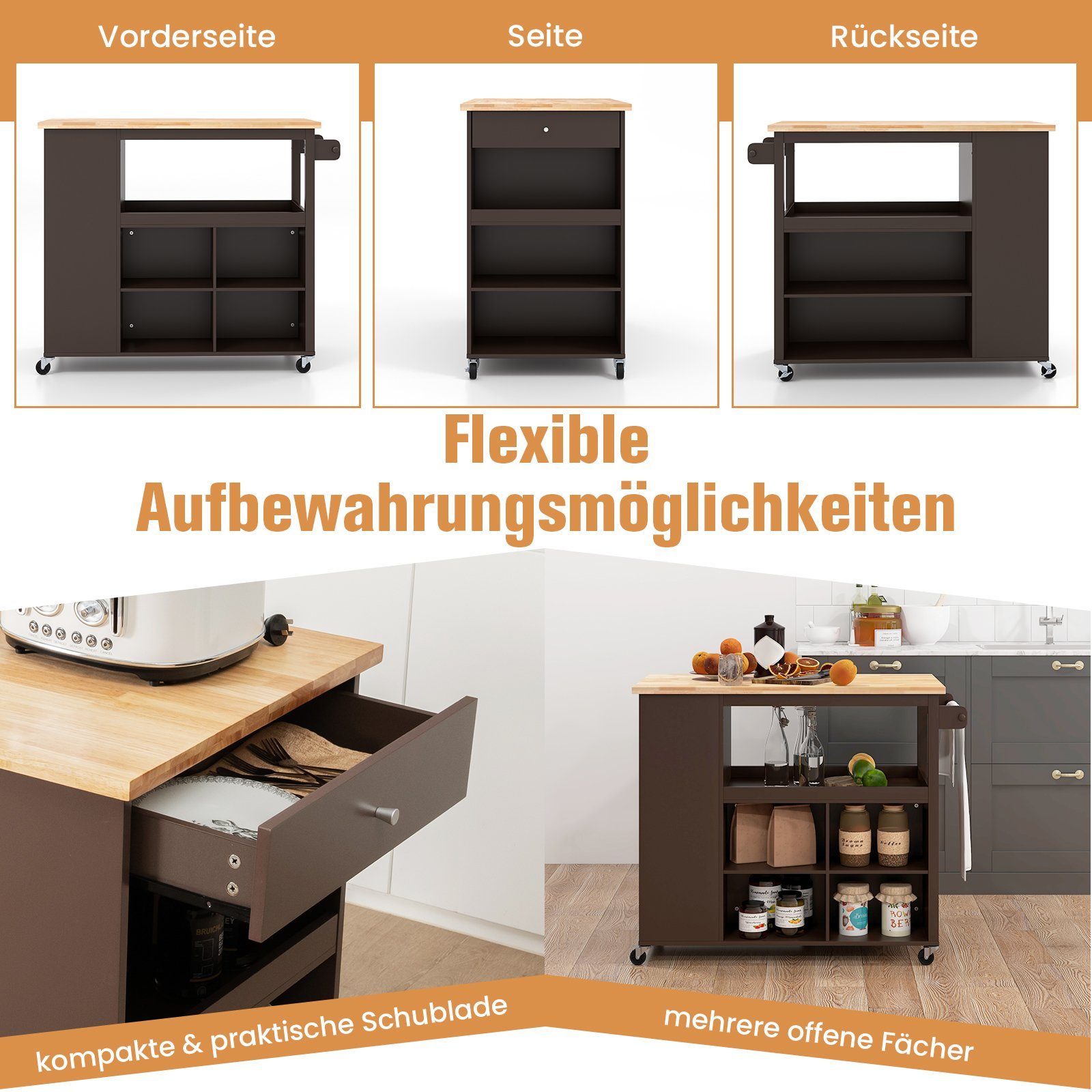 verstellbaren COSTWAY mit & Schublade, Natur Regalen Braun, Handtuchhalter Küchenwagen, 4