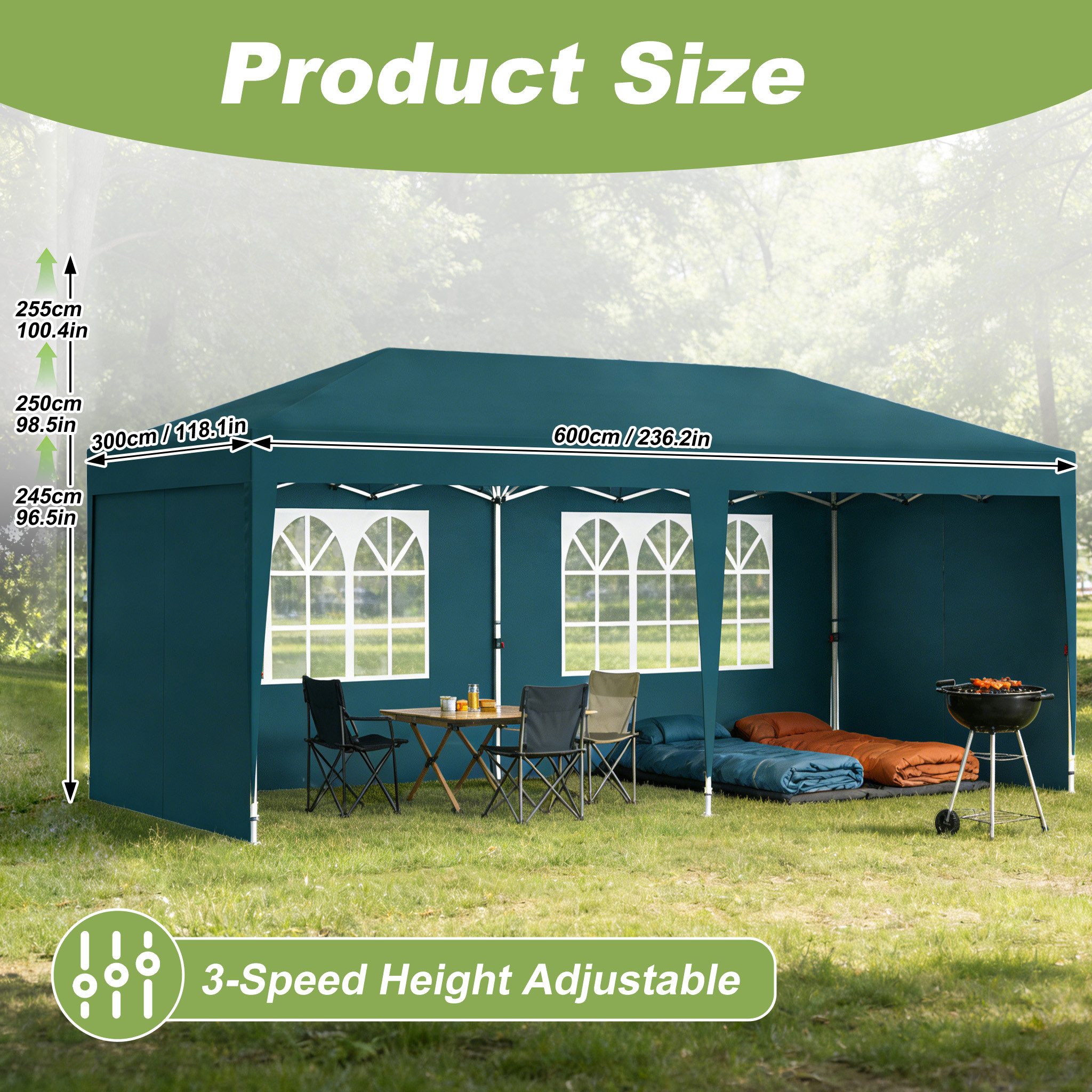 FIVMEN Partyzelt 3x6m Faltpavillon mit 6 Seitenwände Höhenverstellbar Gartenpavillon, Ideal für Gartenfeste & Feiern, Einfach aufbauen