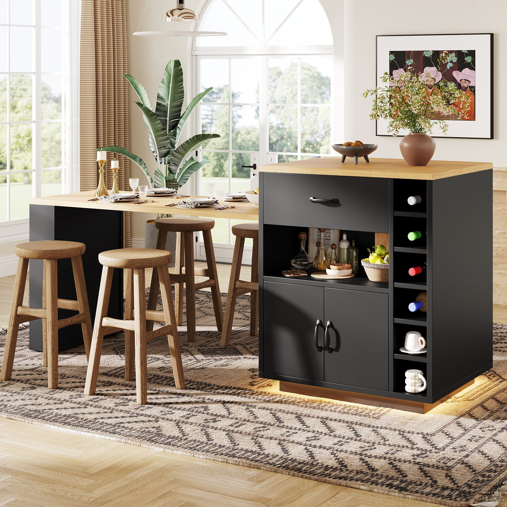 Odikalo Kücheninsel Küchenschrank mit Weinregal Ausziehtisch & Schubladen, (Buffetschrank / Bartischschrank, Feststehender Servierwagen, Mit Ausziehtisch, 2 Schubladen, 4 Türen)