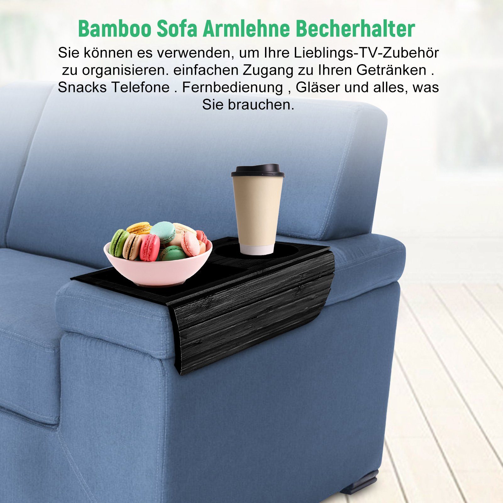 TWSOUL Tablett Rutschfeste Sofa-Armlehnenablage aus Bambus (schwarz), Mit  Anti-Rutsch-Matte | Tabletts