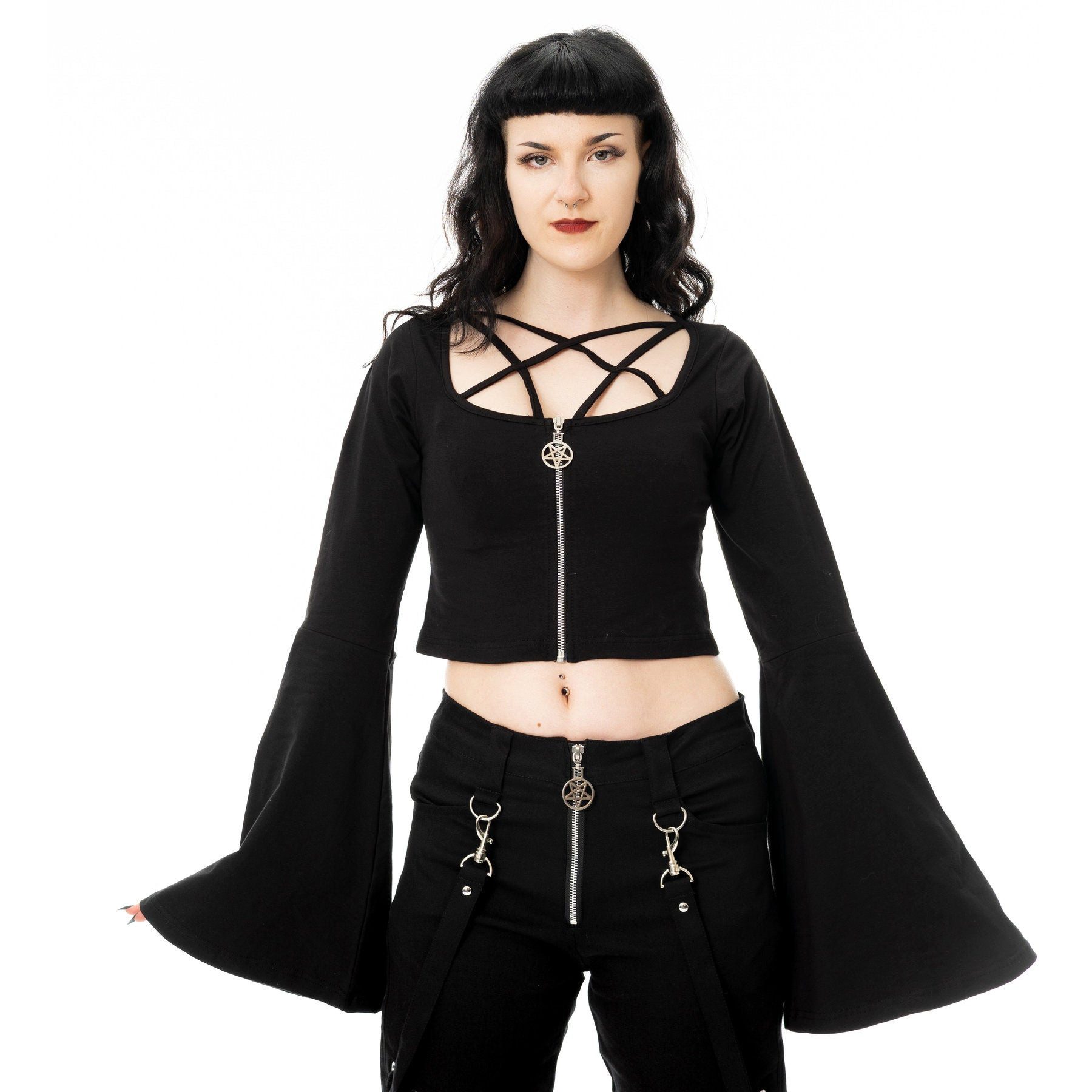 Poizen Industries Crop-Top Eclipse Langarm Oberteil Pentagramm Glockenärmel