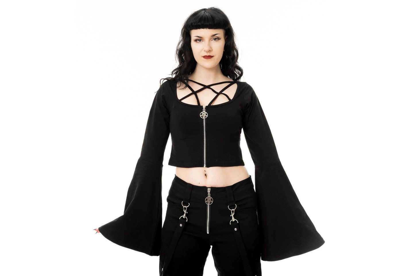 Poizen Industries Crop-Top Eclipse Langarm Oberteil Pentagramm Glockenärmel