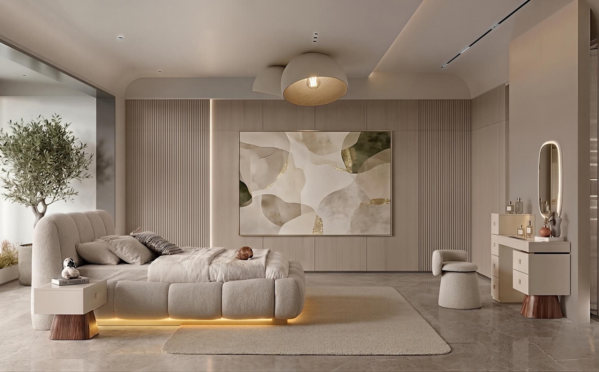JVmoebel Schlafzimmer-Set Schlafzimmer Set Bett Nachttisch Schminktisch Modern Beige Design, Made in Europa