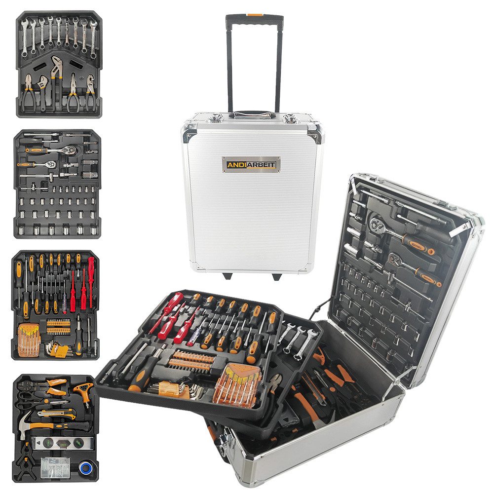 ANDIARBEIT Werkzeugset "Alleskönner" Werkzeugkoffer Trolley 1000-tlg., (Hammer, Wasserwaage, Cuttermesser, Schere, Crimpzange, Isolierband, Schrauben, u.v.m)