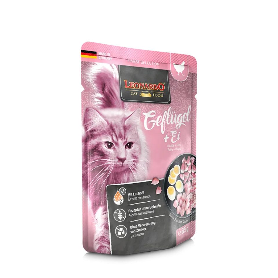 Leonardo Catfood Geflügel & Ei - getreidefreies Nassfutter mit fettarmen Geflügel 16x85g, Nassfutter für: Katzen