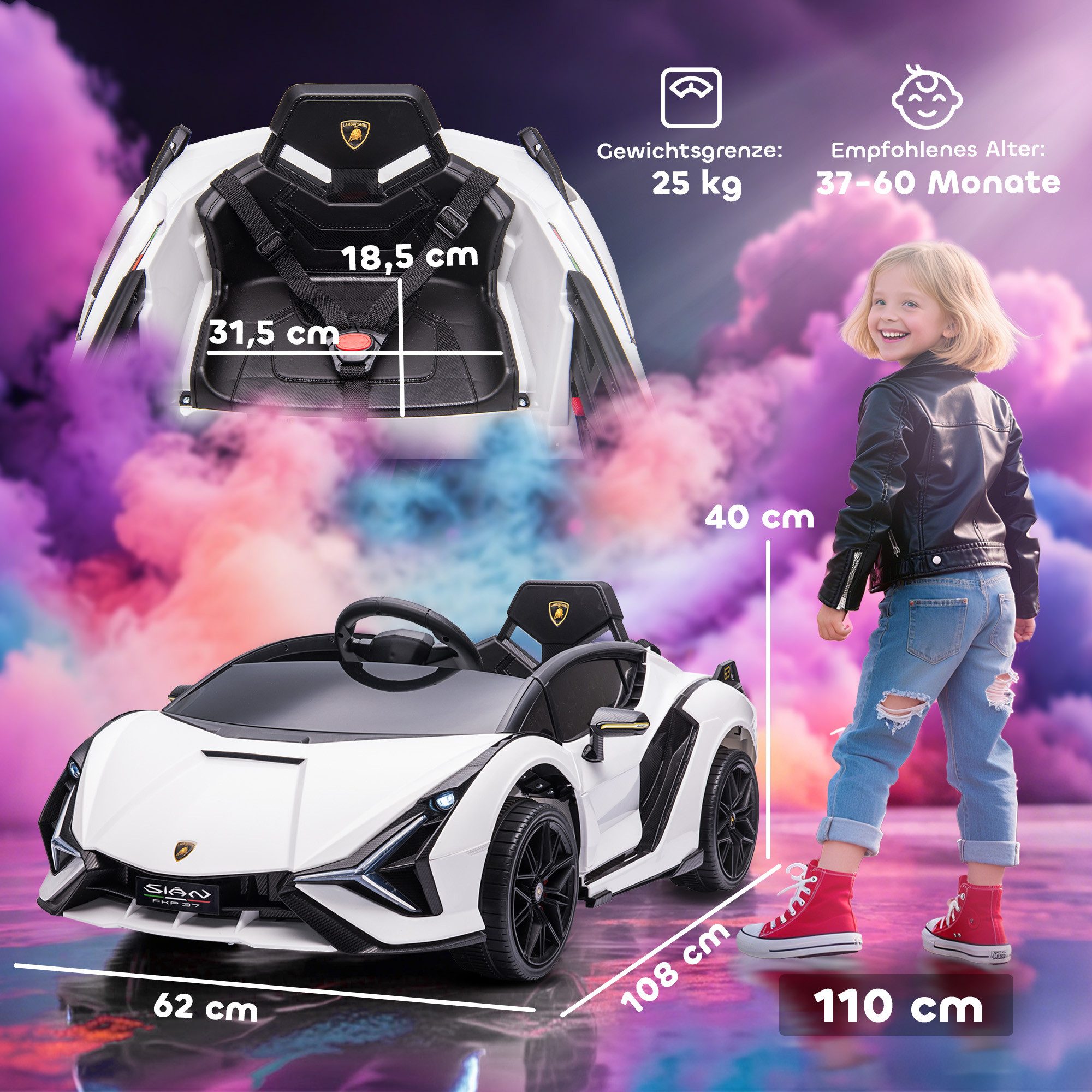 HOMCOM Elektro-Kinderauto 12V Kinderauto mit 2,4G Fernbedienung, 2 Motor, Elektrofahrzeug, Belastbarkeit 25 kg, (1-tlg), für 3-5 Jahre Kinder, Weiß